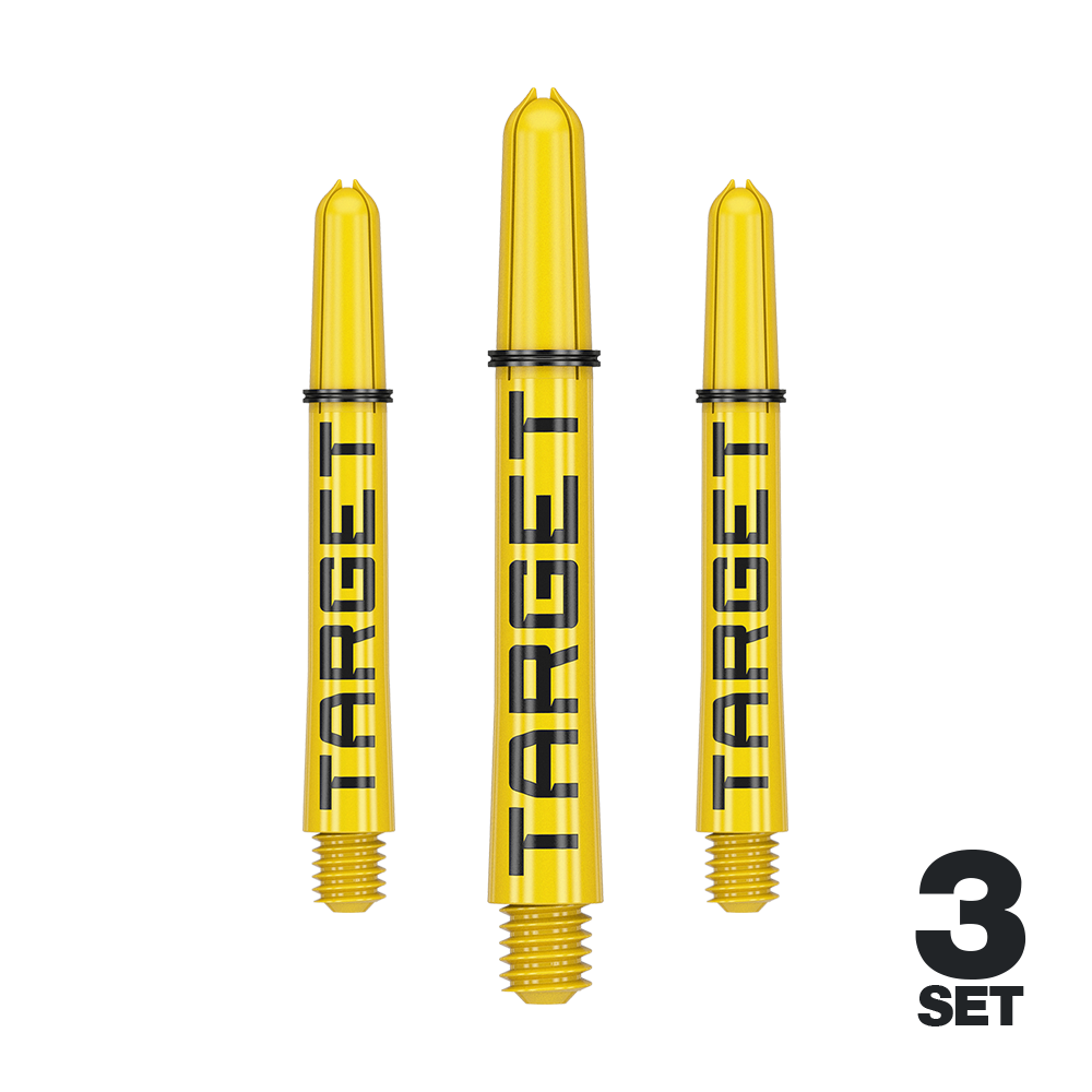 Target Pro Grip TAG Shafts - 3 Sets - Yellow Das Bild zeigt drei gelbe Dart-Schäfte mit der Aufschrift "TARGET". Unten rechts steht "3 SET", was auf ein Set mit drei Stück hinweist.