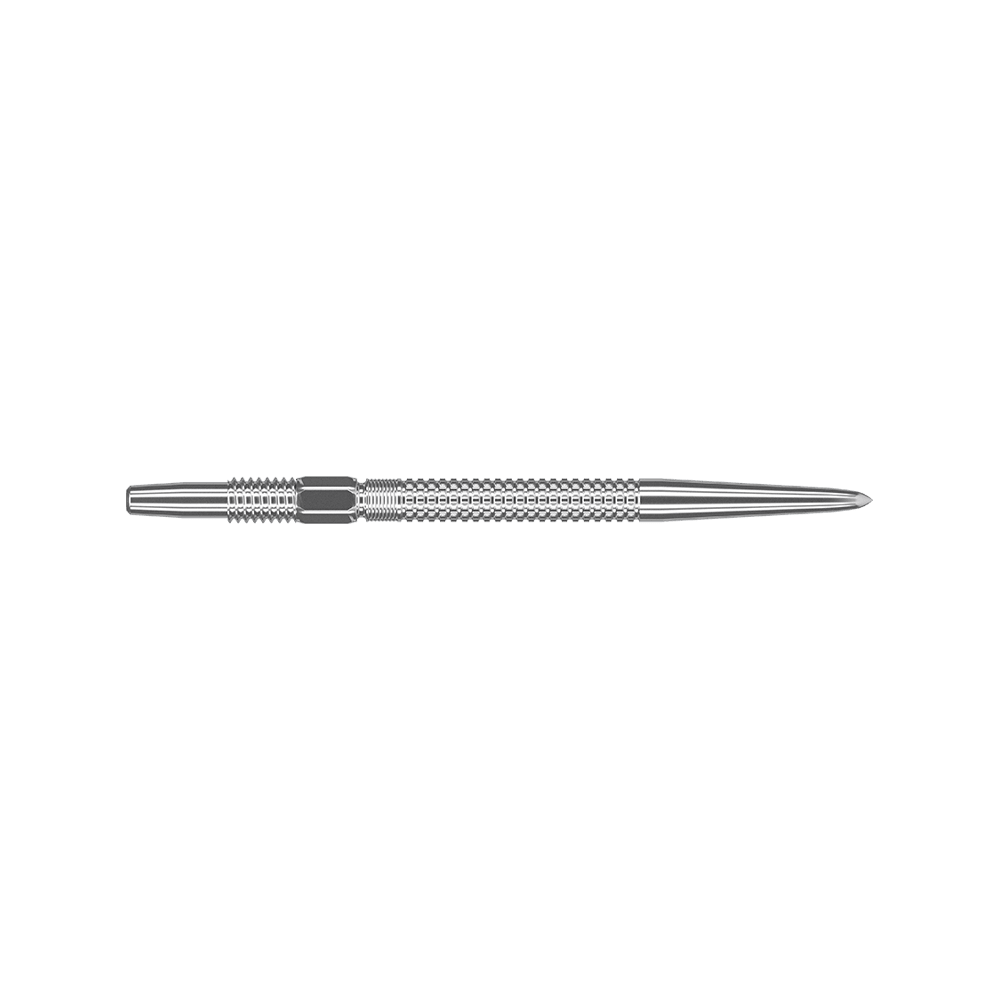 Target Swiss Point GRD Silver dart tips Das Bild zeigt die Target Swiss Point GRD Silver Dartspitzen. Die Dartspitze ist silberfarben und hat eine geriffelte, strukturierte Oberfläche.