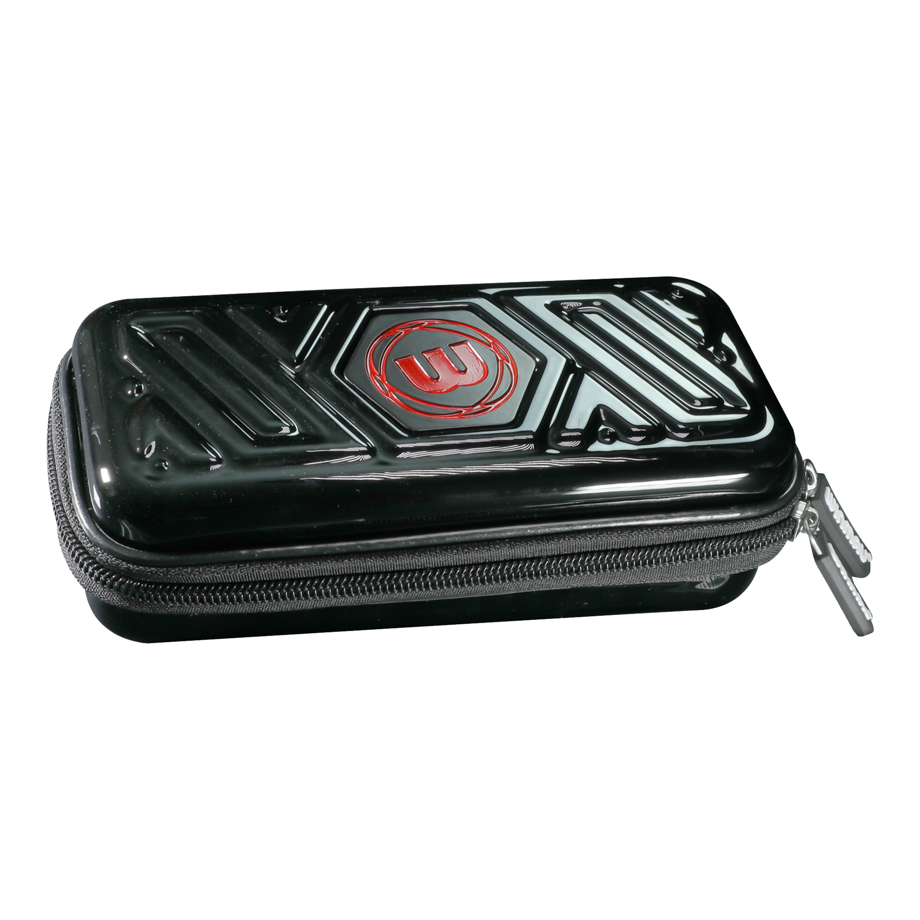 Winmau Armor G1 Dart Wallet Das Bild zeigt ein schwarzes Dart-Etui mit einem Reißverschluss. Auf dem Etui ist ein rotes Logo zu sehen.