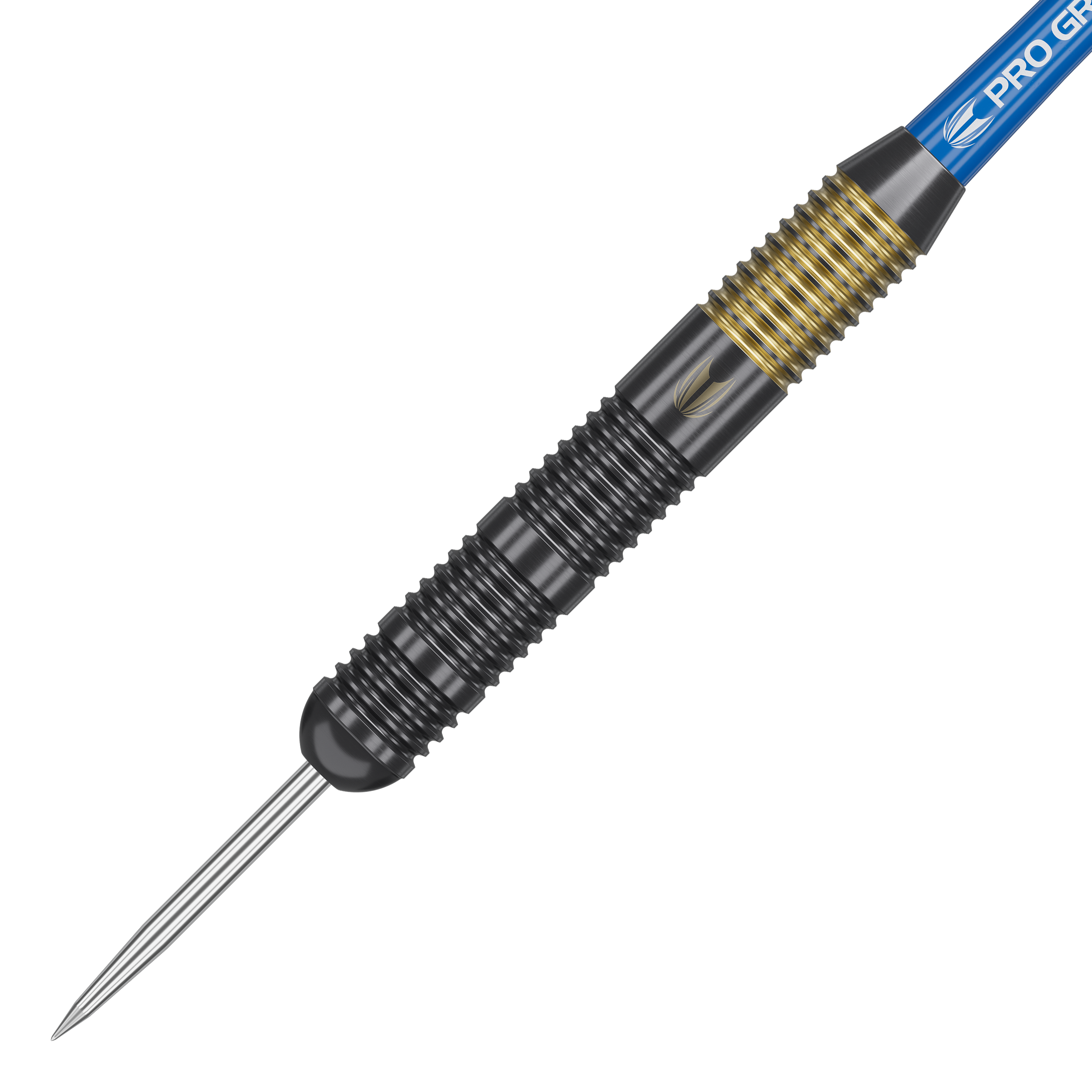 Target Josh Rock Brass Steel Darts - 22g Das Bild zeigt den Target Josh Rock Brass Steeldart mit einem Gewicht von 22g. Der Dart hat ein schwarzes Griffstück mit goldenen Rillen und einer silbernen Spitze.