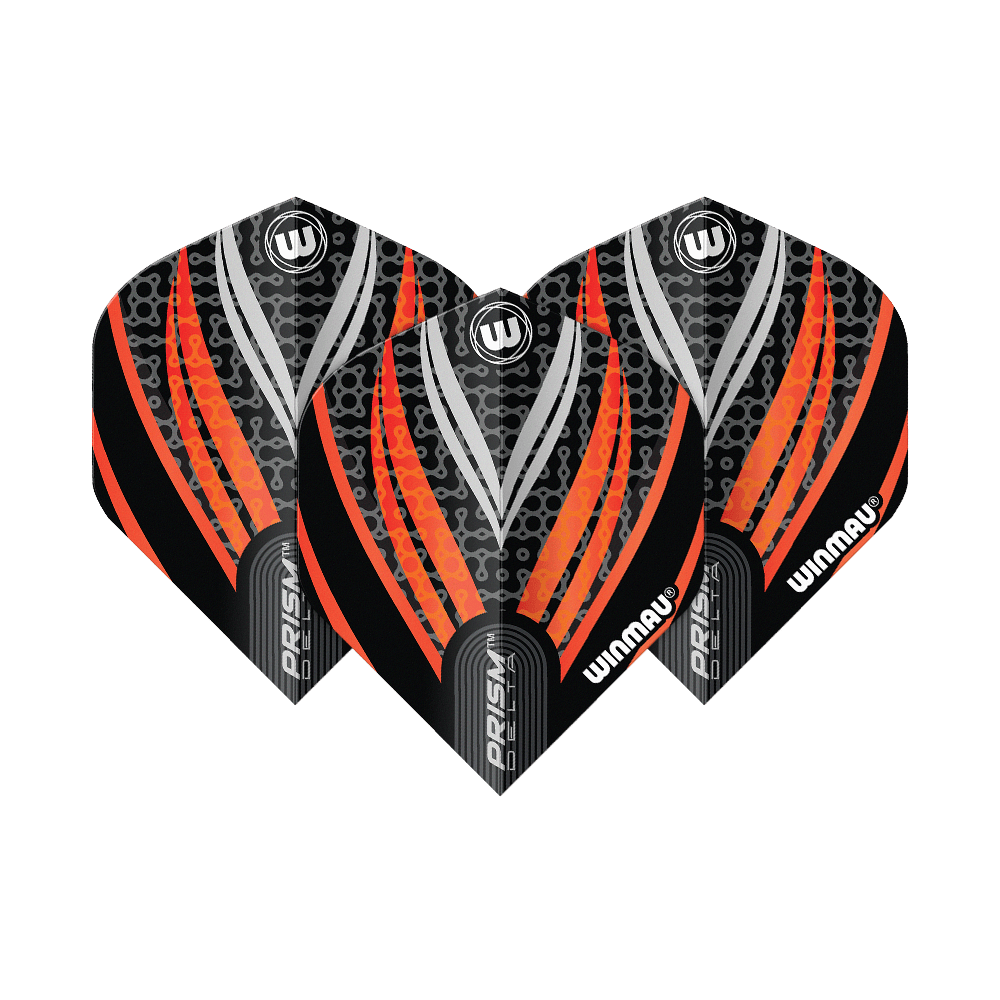 Winmau Prism Delta Black White Orange No. 2 Standard Flights Das Bild zeigt drei Dart-Flights des Modells "Winmau Prism Delta" in Schwarz, Weiß und Orange. Die Flights haben ein modernes Design mit auffälligen orangefarbenen und silbernen Streifen.