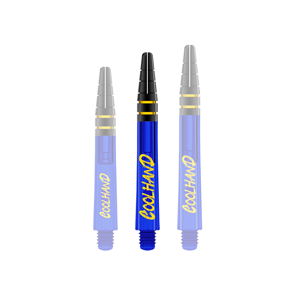 Red Dragon Nitrotech Luke Humphries Coolhand Shafts - Blue Auf dem Bild sind drei blaue Dart-Schäfte mit der gelben Aufschrift "COOLHAND" zu sehen. Die Schäfte haben schwarze und goldene Akzente am oberen Ende.