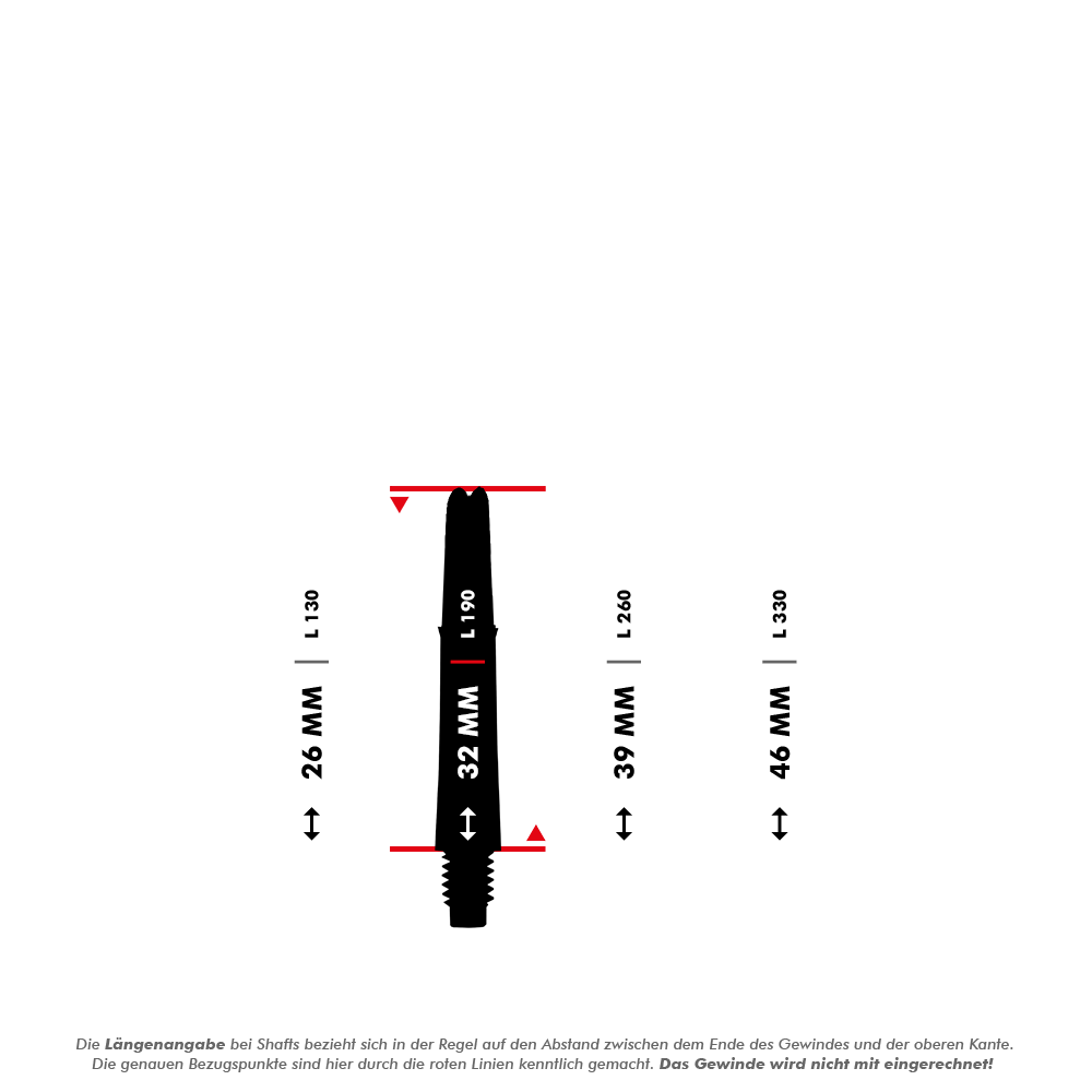 Das Bild zeigt eine schematische Darstellung eines Dart-Schafts mit Maßangaben. Es werden verschiedene Längen in Millimetern angegeben, die zwischen den roten Linien gemessen werden.