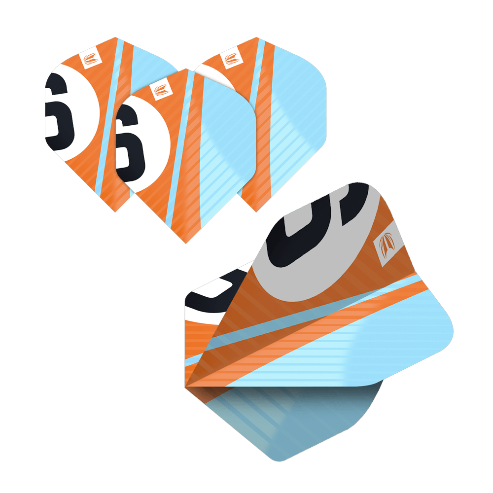 Das Bild zeigt die "Target Pro Ultra Chicane Multipack No2 Standard Flights" in einem Set mit 5 Stück. Die Flights sind in Orange, Blau und Schwarz gestaltet und tragen eine große "6" als Designelement.