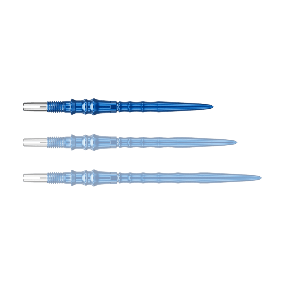 Target Japan Premium Swiss Point Dart Tips - Blue Das Bild zeigt ein einzelnes, blaues Dartspitze. Die Spitze ist 30 mm lang.