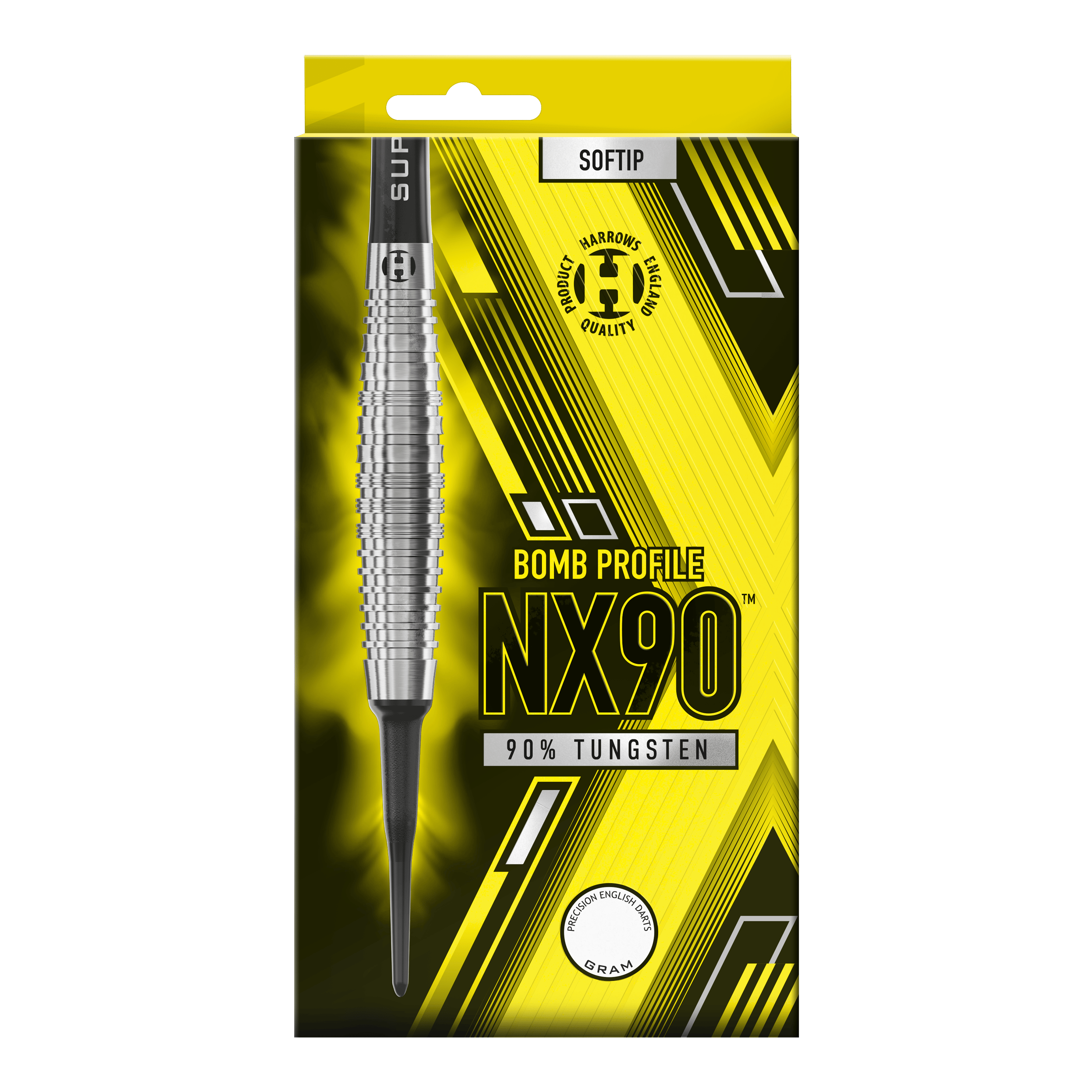 Harrows NX90 Bomb Soft Darts Die Verpackung zeigt die "Harrows NX90 Bomb Softdarts" mit einem auffälligen gelb-schwarzen Design. Auf der Vorderseite steht, dass die Darts aus 90% Tungsten bestehen und eine Bombenform haben.