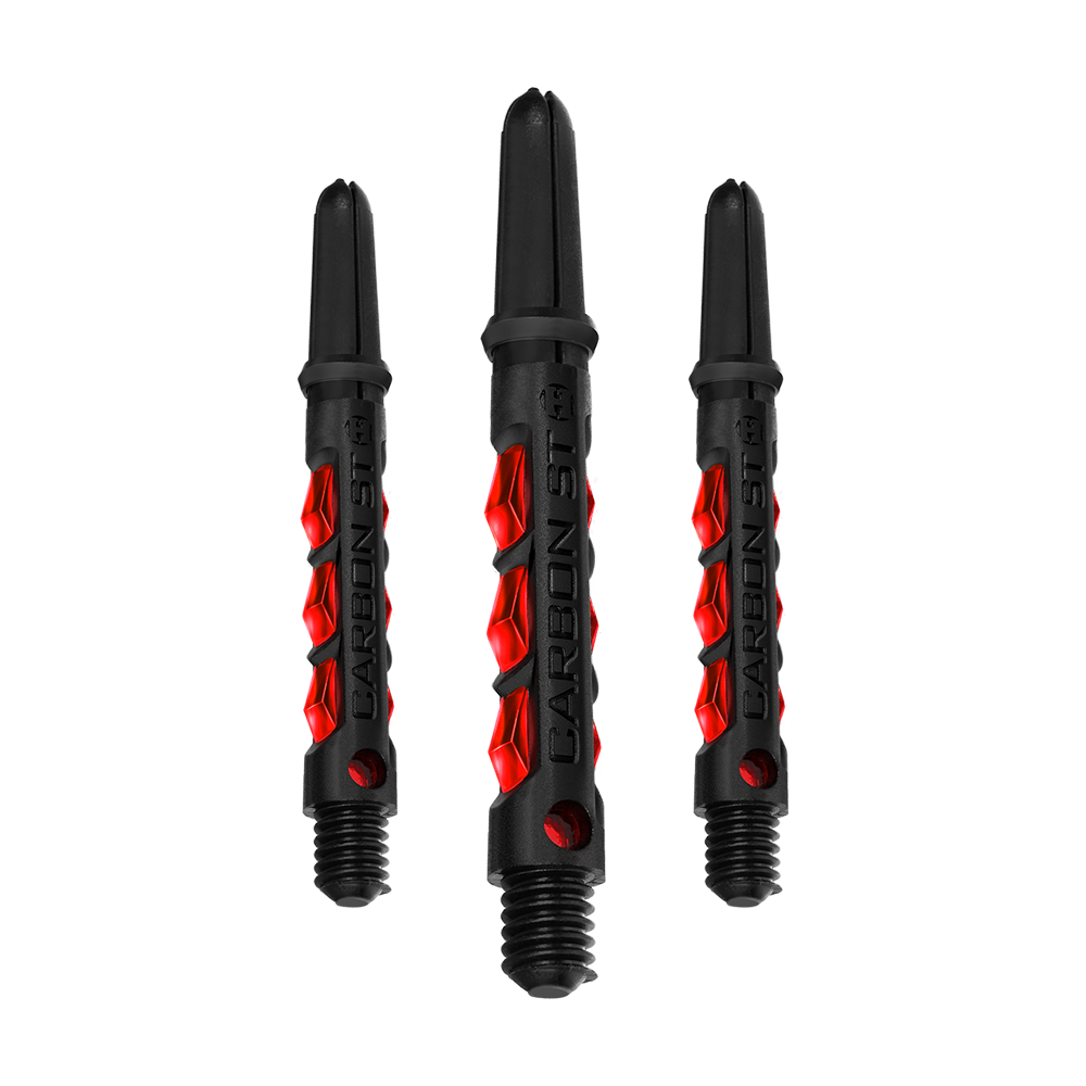 HR432_Harrows_Carbon_ST_Shafts_Rot_40mm_1 Das Bild zeigt drei schwarze Carbon ST Shafts mit roten Akzenten der Marke Harrows. Die Shafts sind für Darts gedacht und haben ein modernes, auffälliges Design.