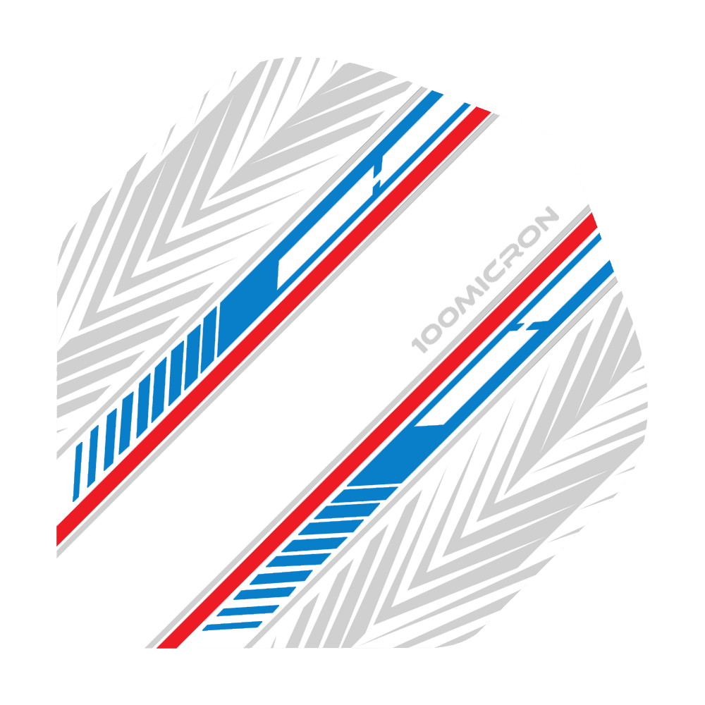 Pentathlon Flights white/blue/red Das Bild zeigt ein Dart-Flight mit einem weißen Hintergrund und blauen sowie roten Linien. Auf dem Flight ist außerdem ein graues Muster und der Schriftzug „100 MICRON“ zu sehen.