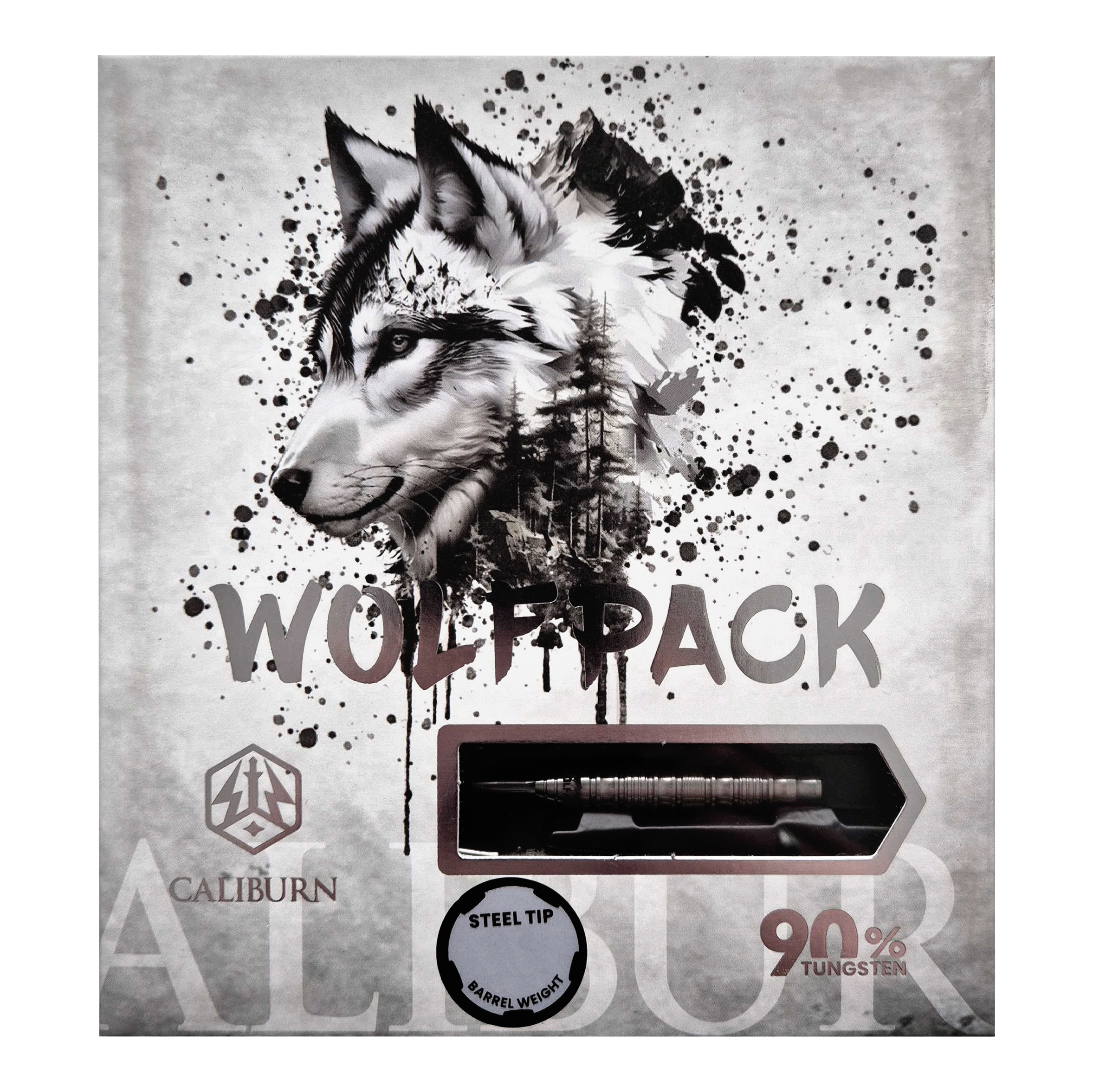 Abgebildet ist das Produkt Caliburn Wolfpack W5 Steeldarts - 22g. Es handelt sich um hochwertige Steeldarts für Präzisionswürfe.