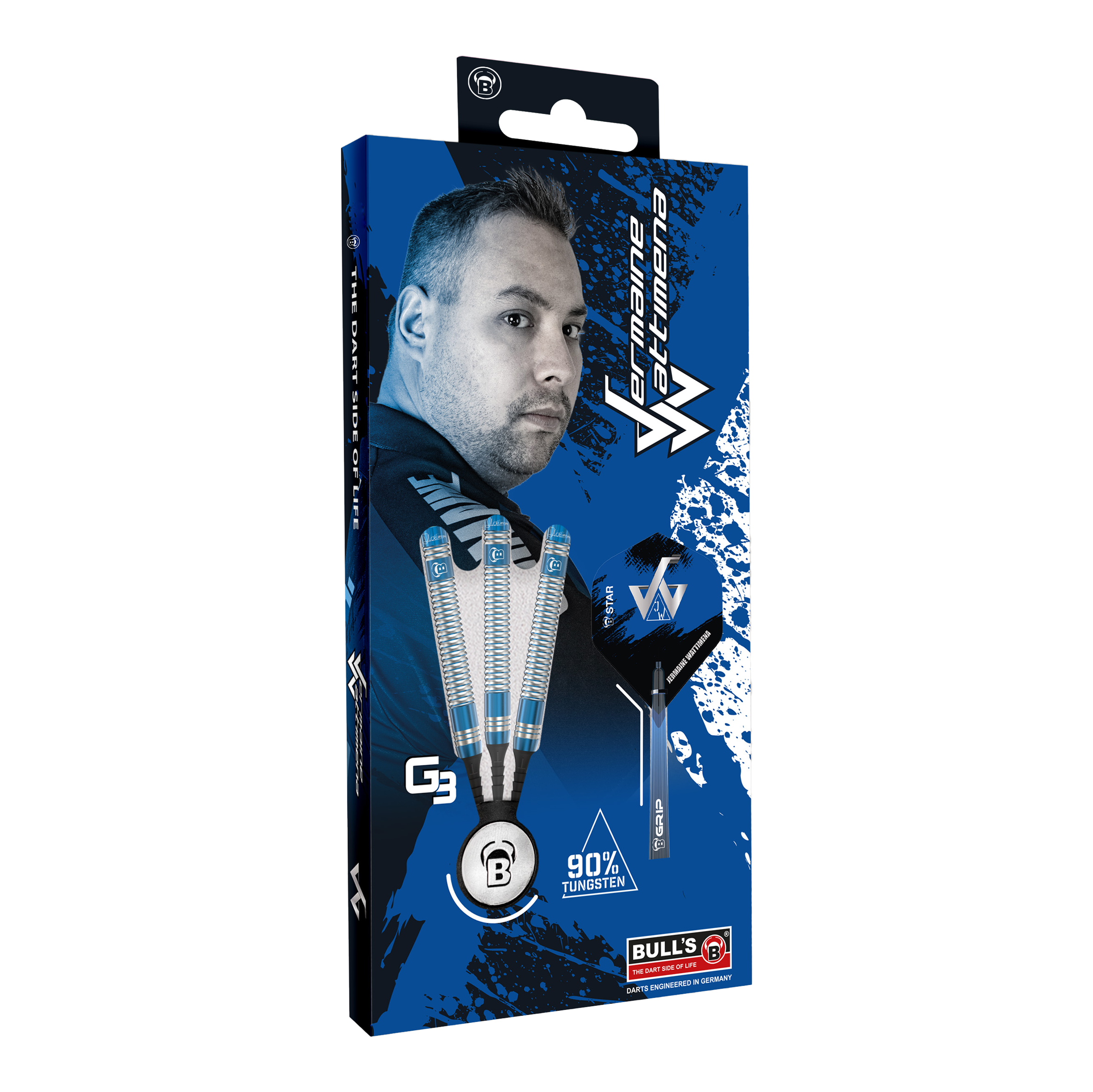 Bulls Jermaine Wattimena Generation 3 Soft Darts - 20g Die Abbildung zeigt die Verpackung der Bulls Jermaine Wattimena Generation 3 Softdarts mit 20g Gewicht. Auf der Verpackung sind drei Darts sowie ein Porträt von Jermaine Wattimena und der Hinweis auf 90 % Tungsten zu sehen.
