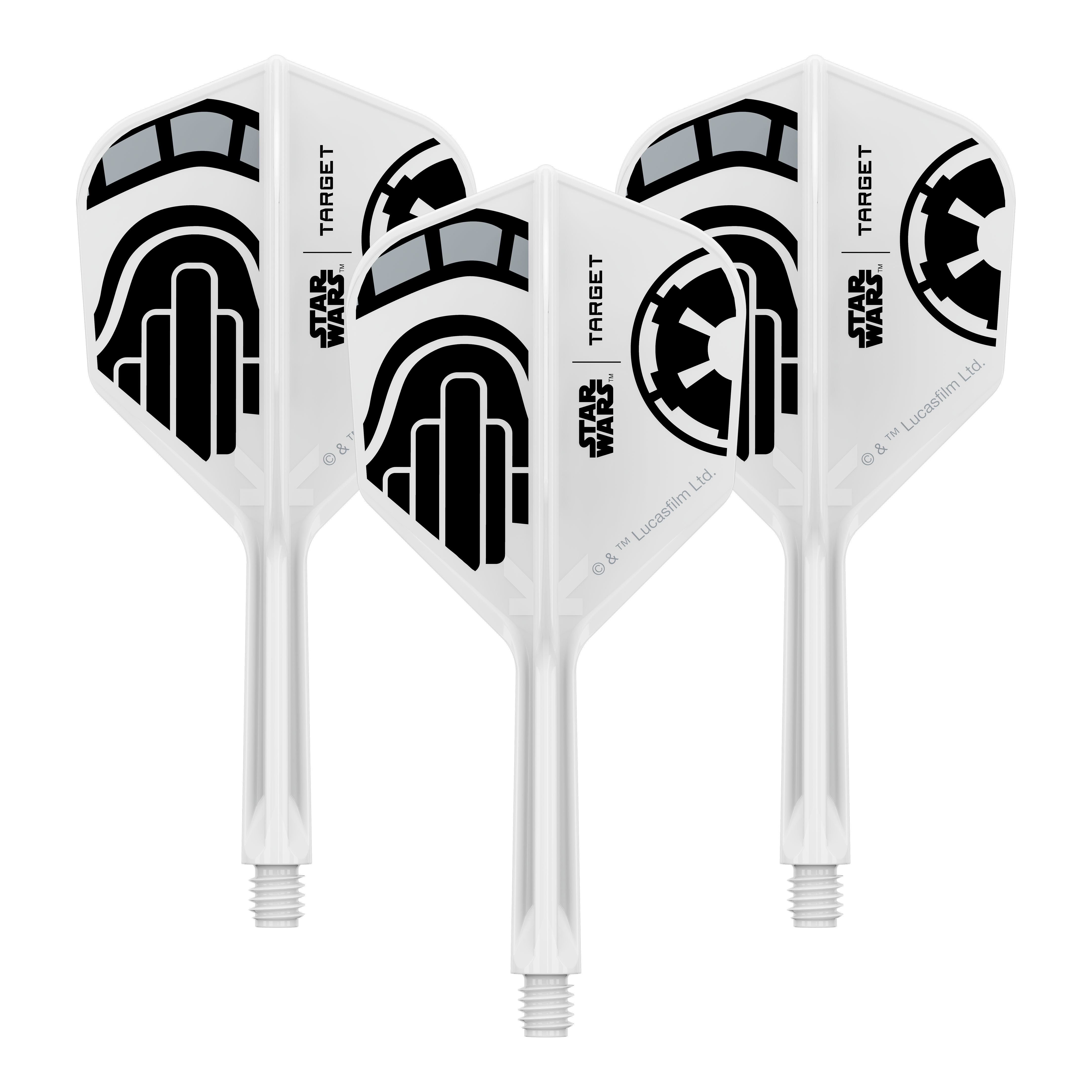 Abgebildet ist ein Dartflügel-Set im Star Wars Design mit dem Namen 'Stormtrooper No6 Flights Intermediate 26mm'. Das Set eignet sich für den Austausch von Dartflügeln.