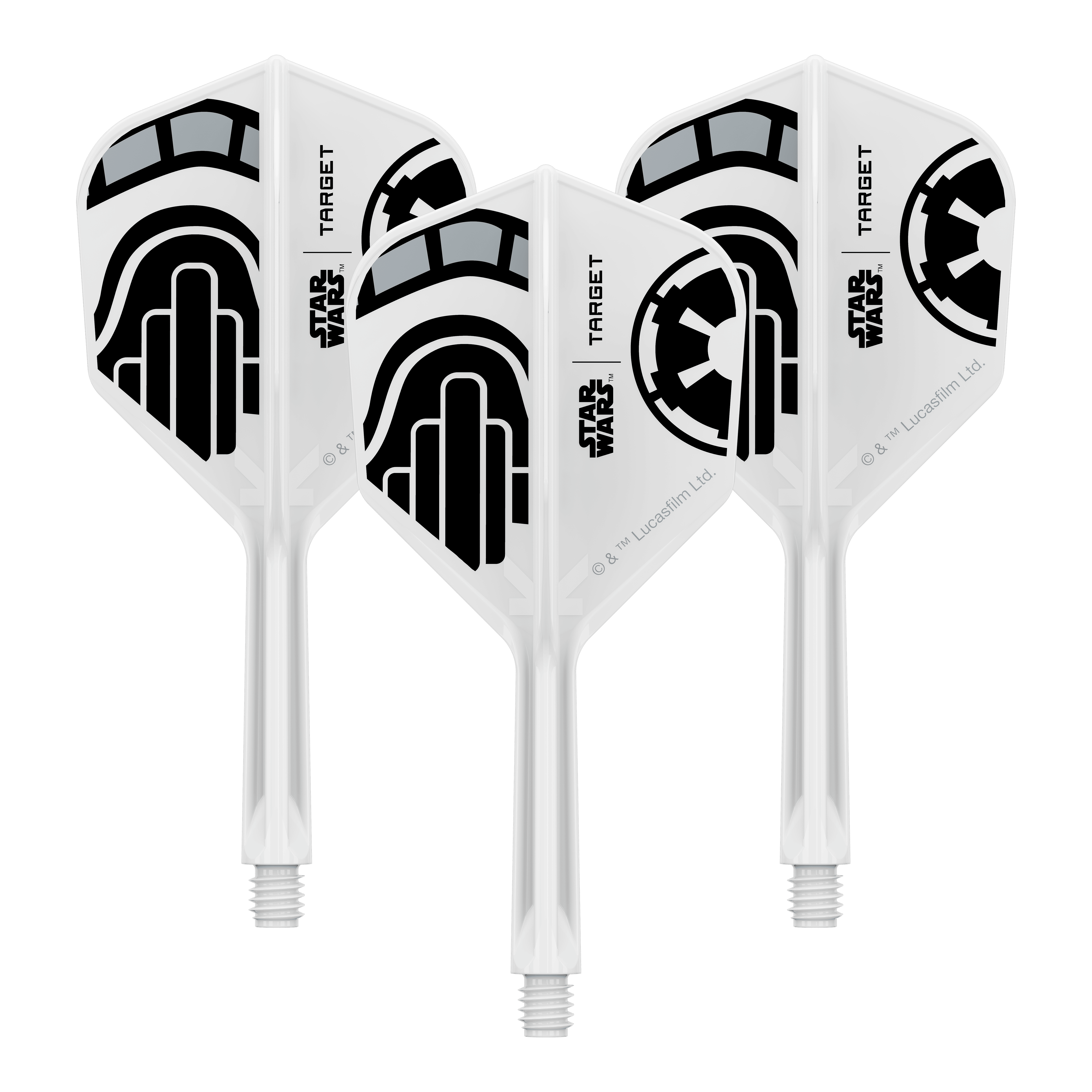 Target Star Wars K-Flex Stormtrooper No6 Flights Abgebildet ist ein Dartflügel-Set im Star Wars Design mit dem Namen 'Stormtrooper No6 Flights Intermediate 26mm'. Das Set eignet sich für den Austausch von Dartflügeln.
