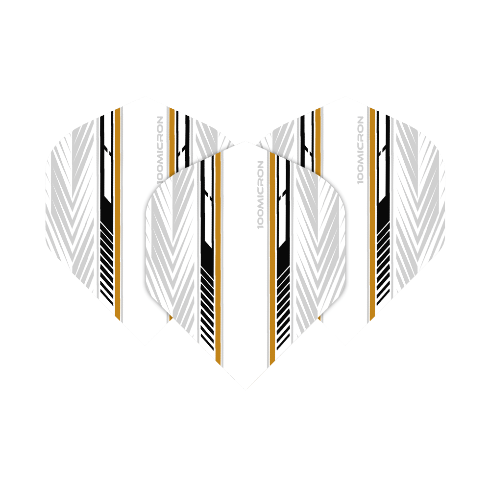 Pentathlon Flights white/black/gold Das Bild zeigt die Pentathlon White Black Gold No2 Standard Flights für Dartpfeile. Die Flights sind überwiegend weiß mit schwarzen und goldenen Zierstreifen sowie geometrischen Mustern.