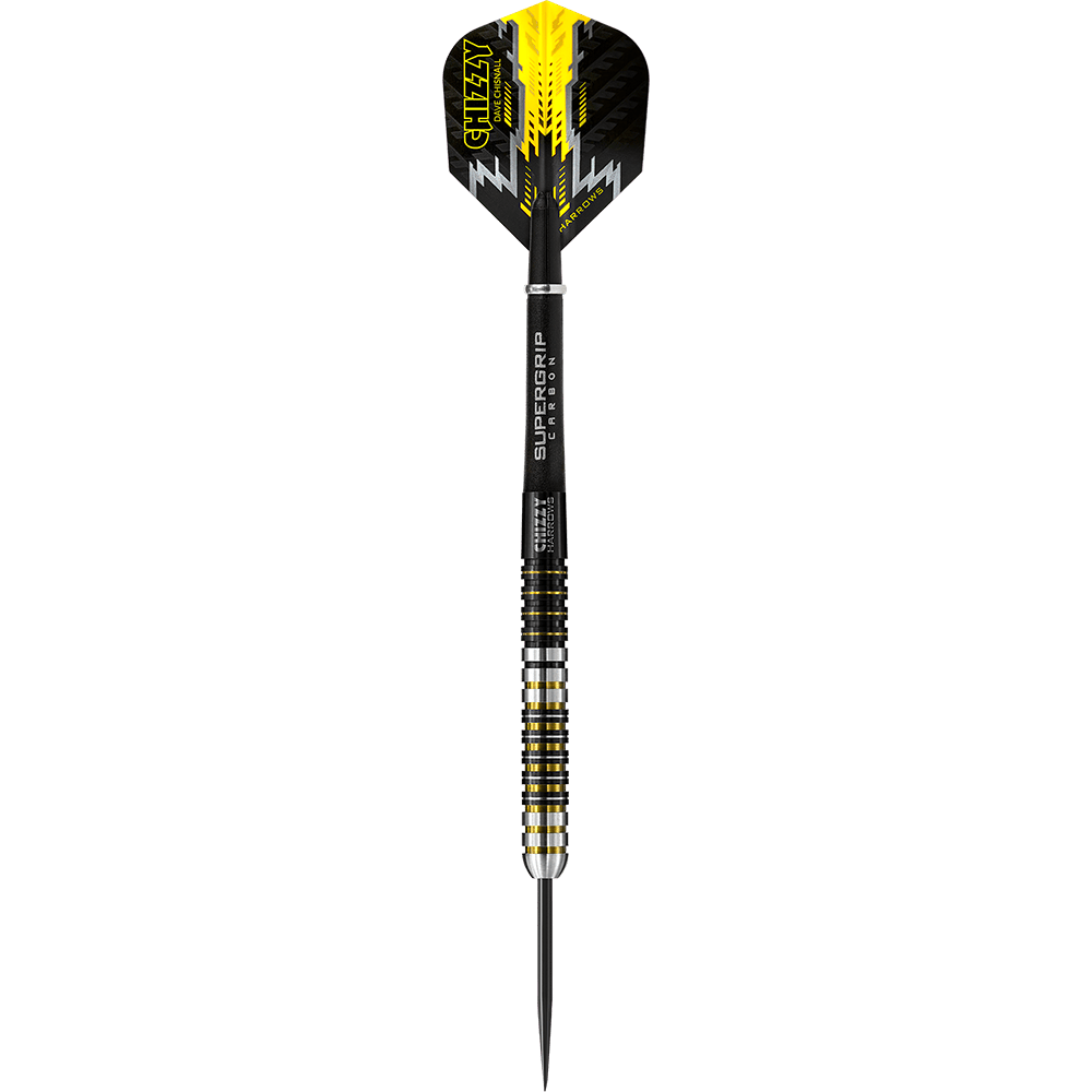 HAXXXXX_Harrows_Chizzy_Steeldarts_1 Auf dem Bild ist ein Harrows Dave Chisnall Chizzy Steeldart zu sehen. Der Dartpfeil hat auffällige gelbe und schwarze Akzente.