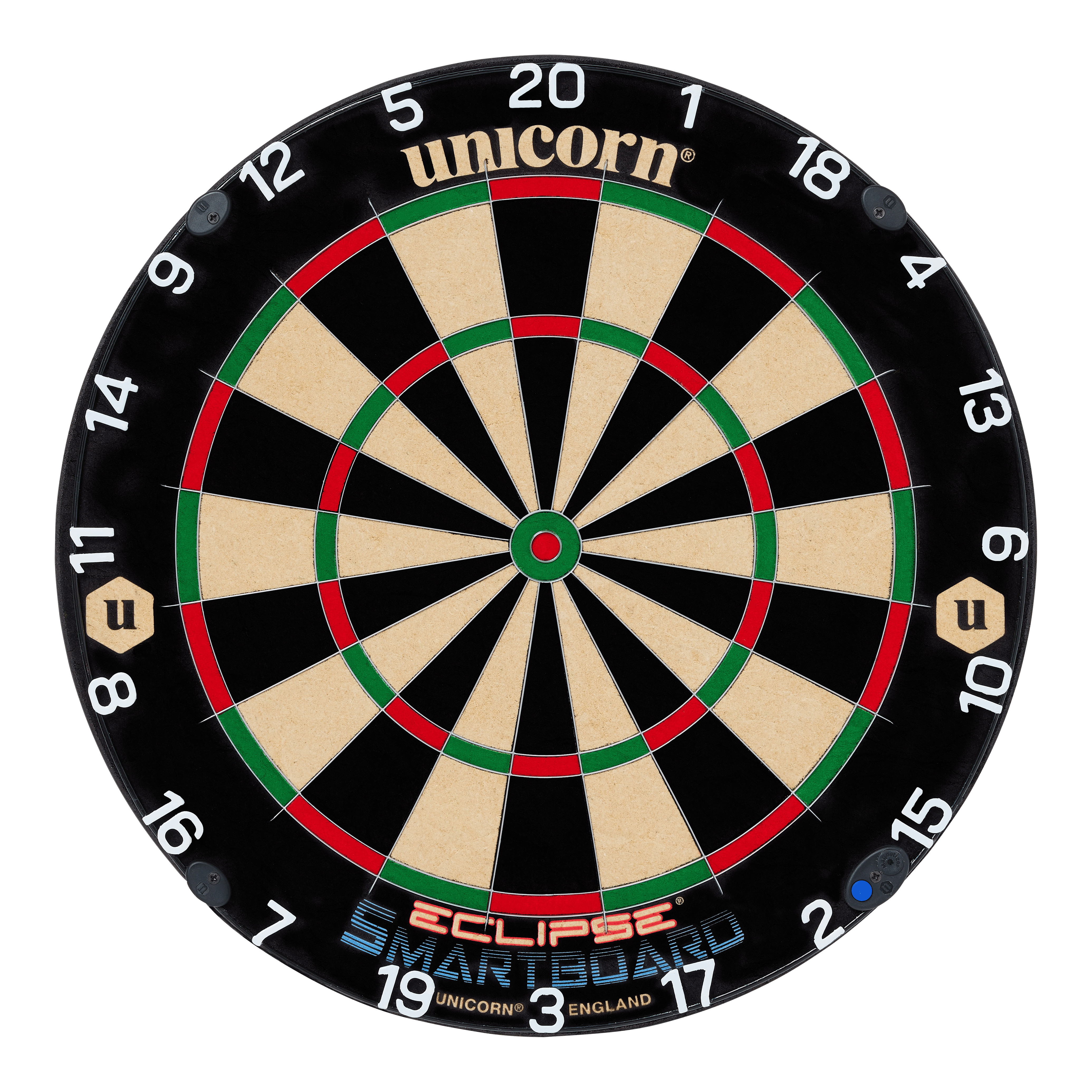 Unicorn Eclipse Smartboard steel dartboard Das Bild zeigt eine Steeldart-Scheibe mit der Aufschrift "Unicorn Eclipse Smartboard". Die Felder sind klassisch in Schwarz, Weiß, Rot und Grün gehalten und die Zahlen sind rund um den Rand angeordnet.