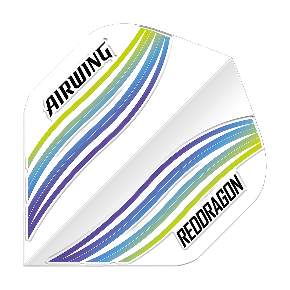 Red Dragon Airwing Blue Wave Standard Flights Das Bild zeigt das Produkt "Red Dragon Airwing Blue Wave Standard Flights". Es hat ein weißes Design mit blauen, grünen und violetten Wellenlinien sowie den Aufschriften "AIRWING" und "REDDRAGON".