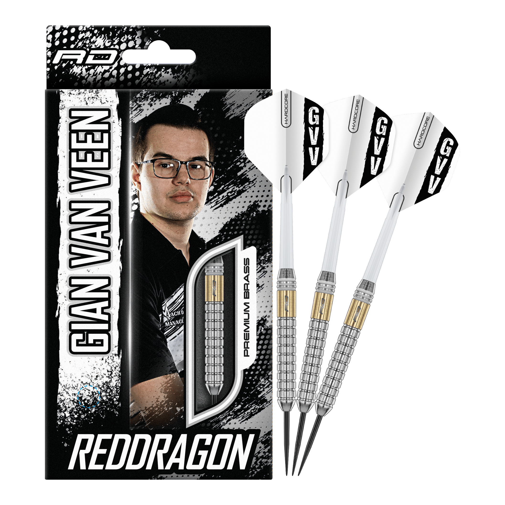 Red Dragon Gian Van Veen Brass Steeldarts - 21 g Zu sehen sind die kompletten Red Dragon Gian Van Veen Brass Steeldarts mit 21 g. Dieses Produkt eignet sich für Steeldartspiele auf Wettkampfniveau.
