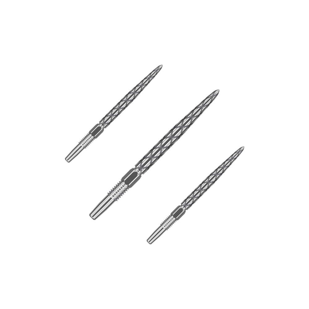 Target Swiss Diamond Pro Silver Points dart tips Das Bild zeigt drei silberne Dartspitzen mit einem rautenförmigen Muster. Sie sind nebeneinander auf einem neutralen Hintergrund angeordnet.