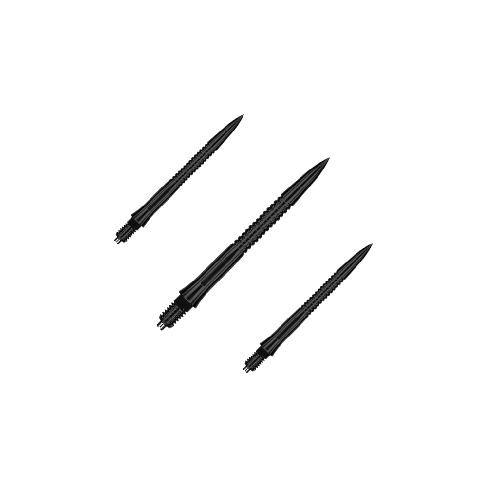 Das Bild zeigt ein Set EVO201 Caliburn EZ-EVO Dartspitzen mit Rillen in Schwarz, jeweils 28 mm lang. Das Set ist ideal für Dartliebhaber und Vielspieler.