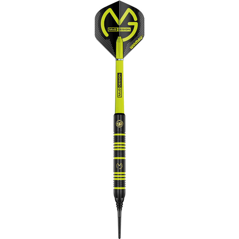 2237_Winmau_Michael_Van_Gerwen_MvG_Ambition_Softdarts_1kcmJ3UFbZ7hkr Auf dem Bild ist ein Winmau Michael Van Gerwen MvG Ambition Softdart mit 20 g Gewicht zu sehen. Der Dart ist überwiegend schwarz und neongelb gestaltet und trägt das MvG-Logo.