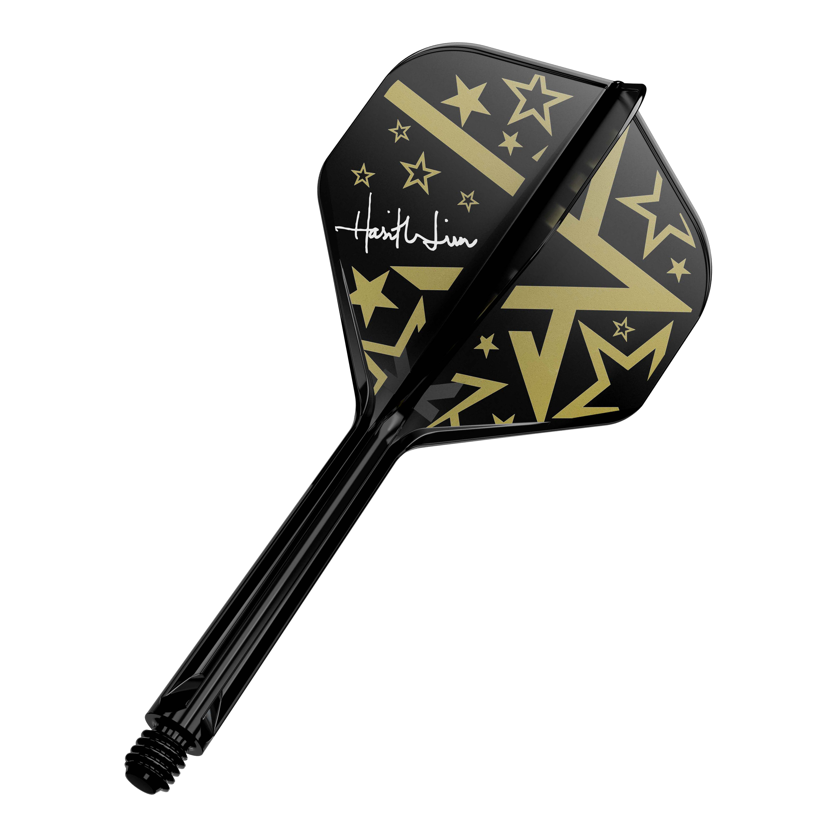 Dies ist ein schwarzer Dartschaft mit einem Flight in Schwarz und Gold. Das Flight-Design zeigt goldene Sterne und geometrische Muster sowie eine weiße Unterschrift.