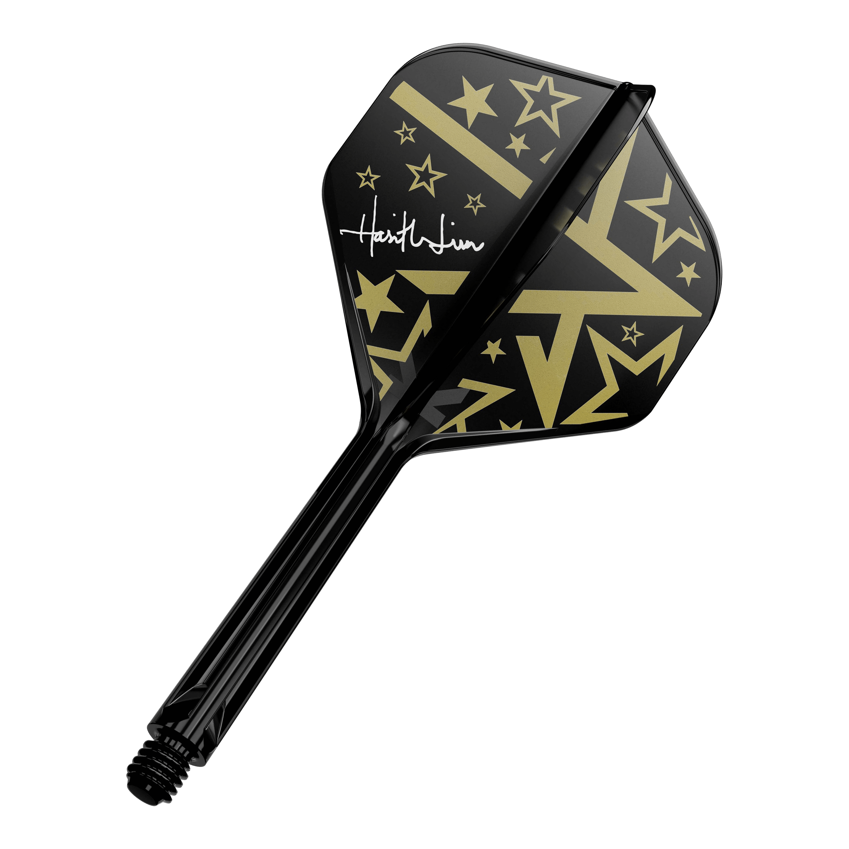 Target Japan K-Flex Hot Shot No2 Standard Flight Shaft System Dies ist ein schwarzer Dartschaft mit einem Flight in Schwarz und Gold. Das Flight-Design zeigt goldene Sterne und geometrische Muster sowie eine weiße Unterschrift.