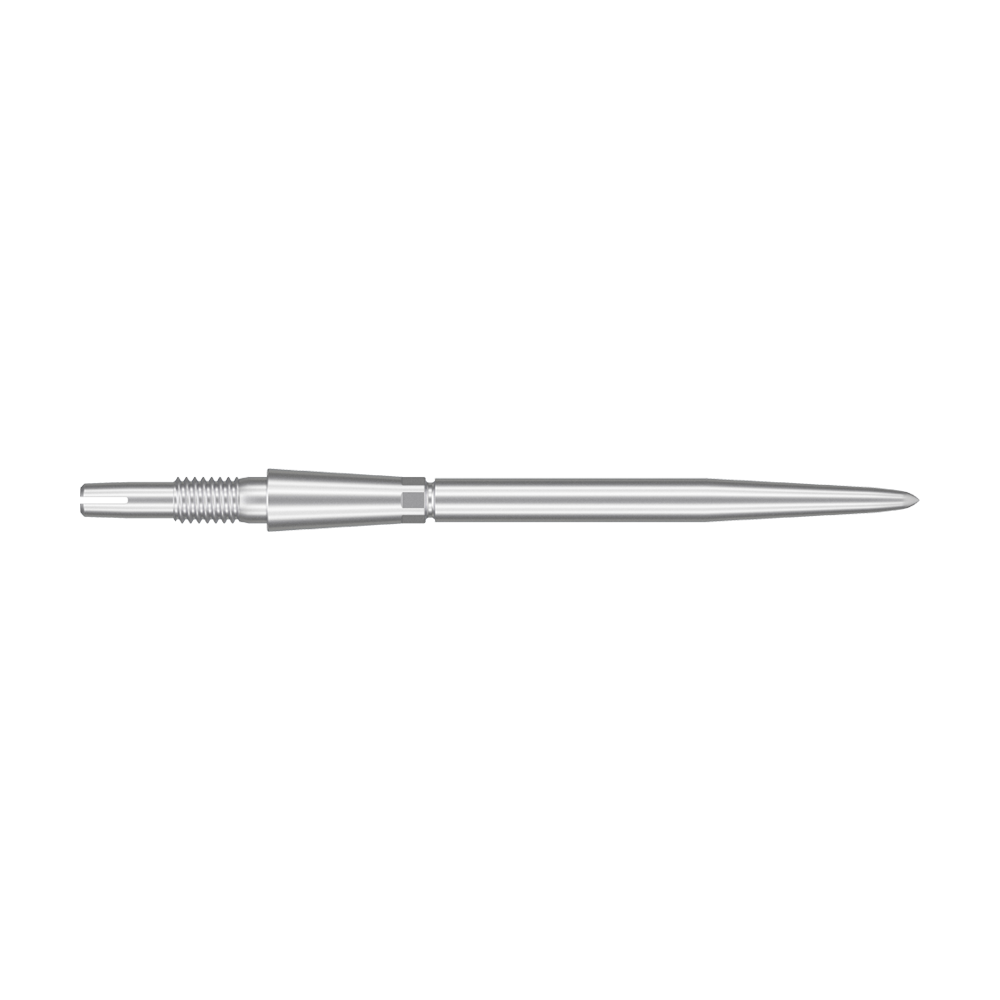 Target Swiss Storm Point dart tips - silver Das Bild zeigt eine silberne Dartspitze in schlanker, länglicher Form. Die Spitze hat eine glatte Oberfläche mit einigen geriffelten Bereichen am hinteren Ende.