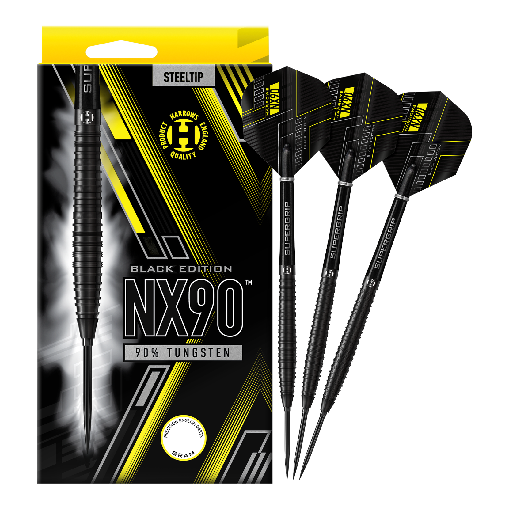 Abgebildet sind die Harrows NX90 Black Edition Tapered Quick Point Steeldarts. Die schwarzen Steeldarts haben eine schlanke, konische Form.