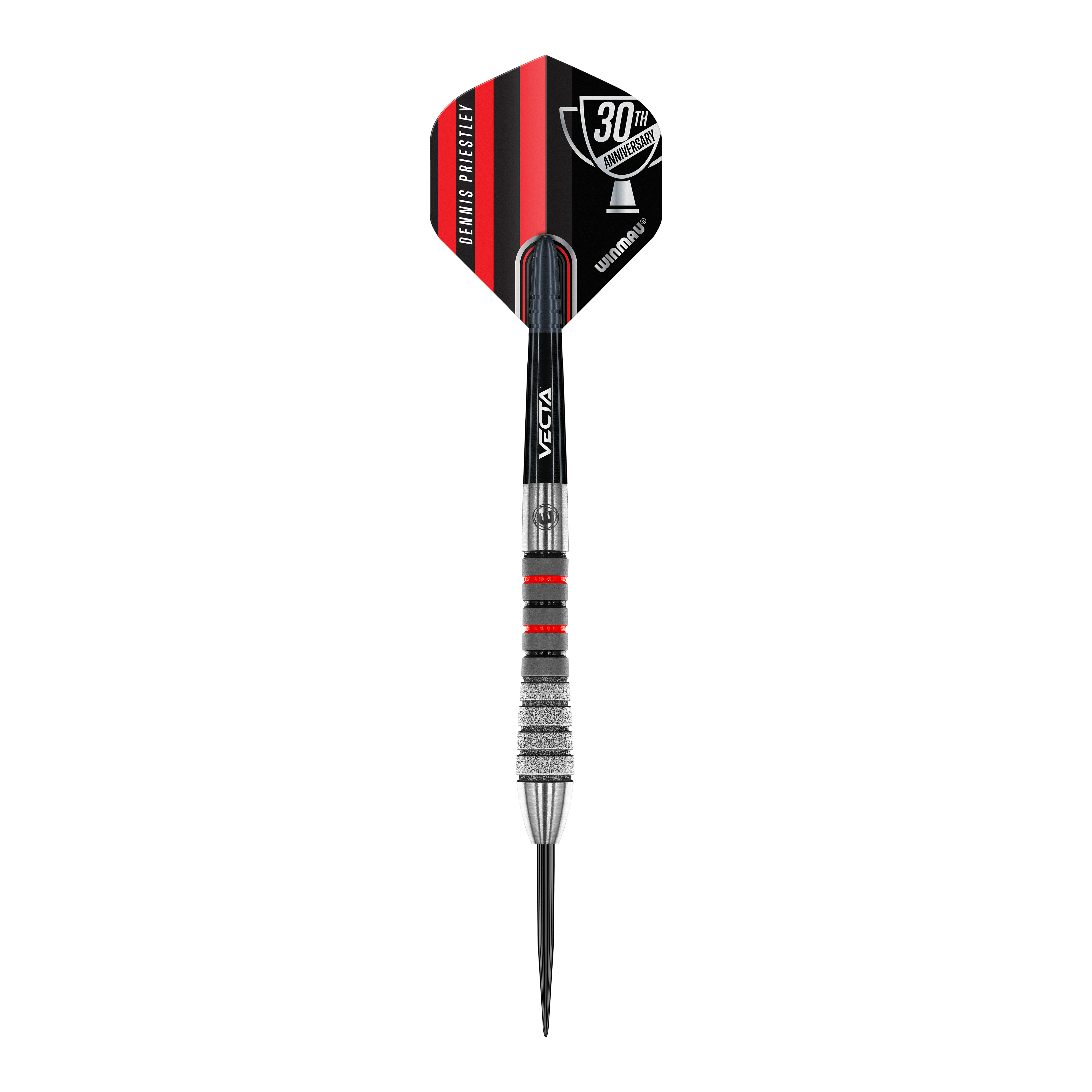 Winmau Dennis Priestley Diamond 3-Zero steel darts Das Bild zeigt einen Winmau Dennis Priestley Diamond 3-Zero Steeldart. Der Dartpfeil hat schwarze, silberne und rote Details sowie eine 30th Anniversary-Beschriftung auf dem Flight.