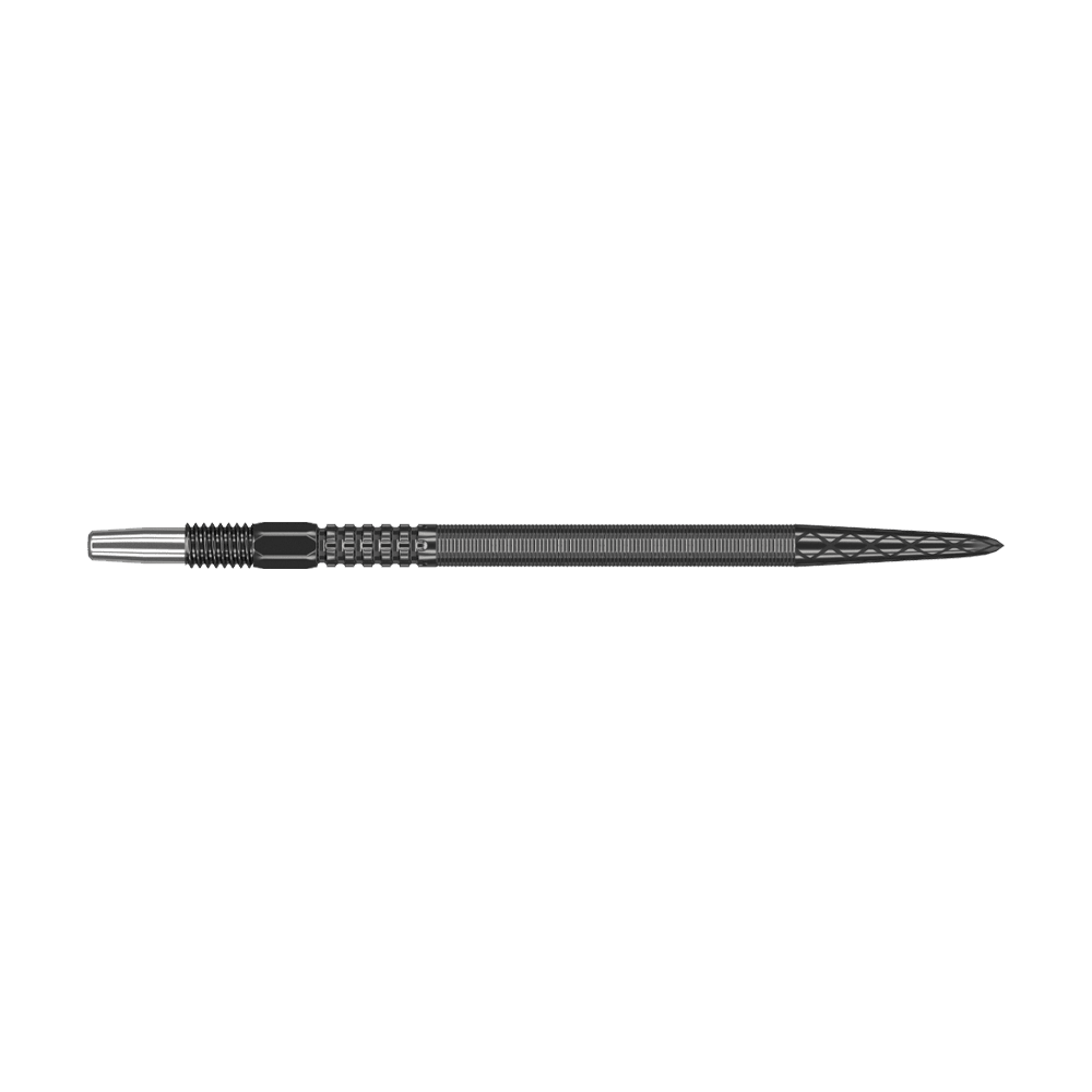 Target Swiss Point DX dart tips - Black Das Bild zeigt eine schwarze Dartspitze mit strukturierter Oberfläche. Sie ist lang und schmal mit einem metallischen Ansatz am Ende.