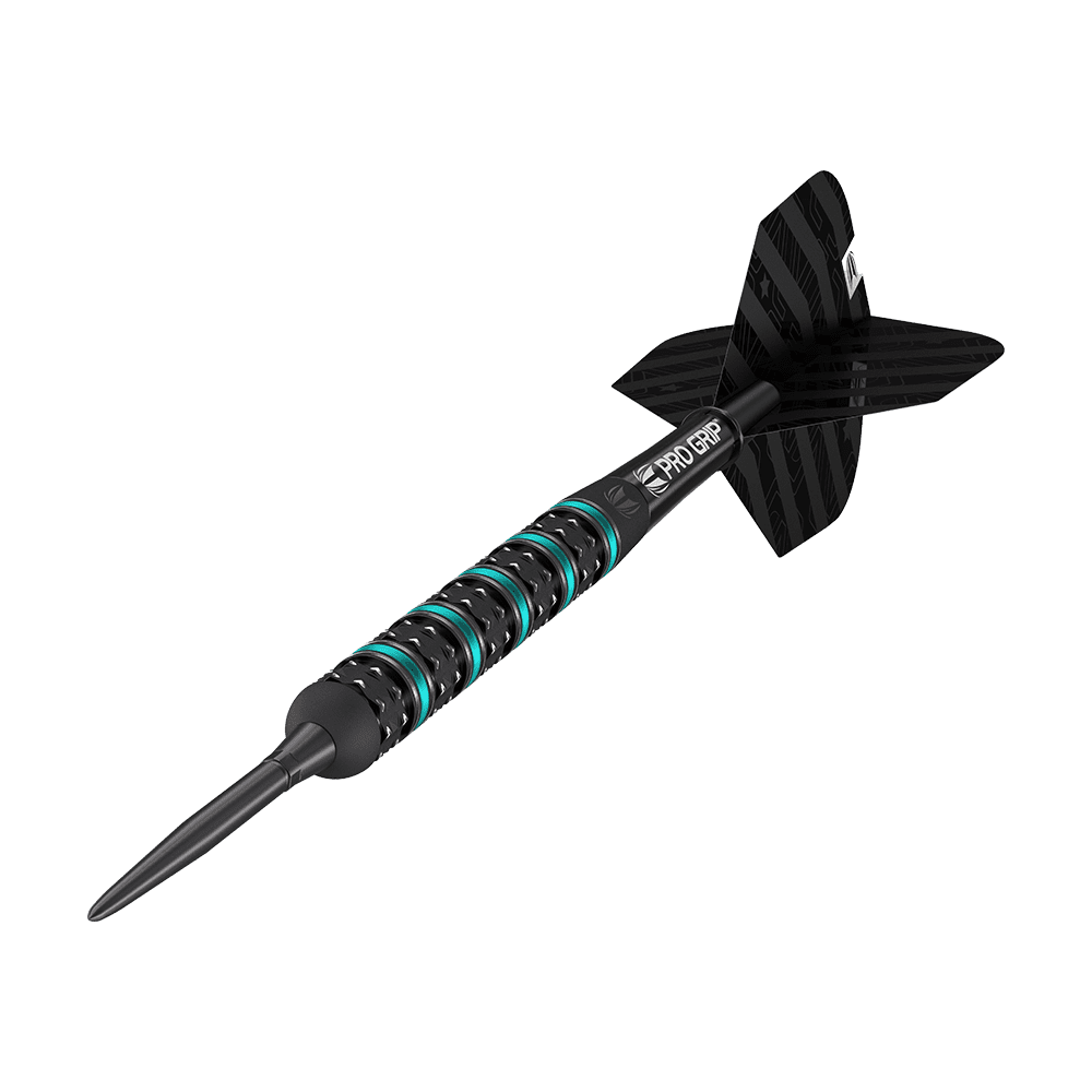 190209_Target_Rob_Cross_Black_Edition_2023_Swiss_Point_Steeldarts_4 Das Bild zeigt einen Target Rob Cross Black Edition Swiss Point Steeldart. Der Dart ist schwarz mit blauen Akzenten und hat eine strukturierte Griffzone für besseren Halt.