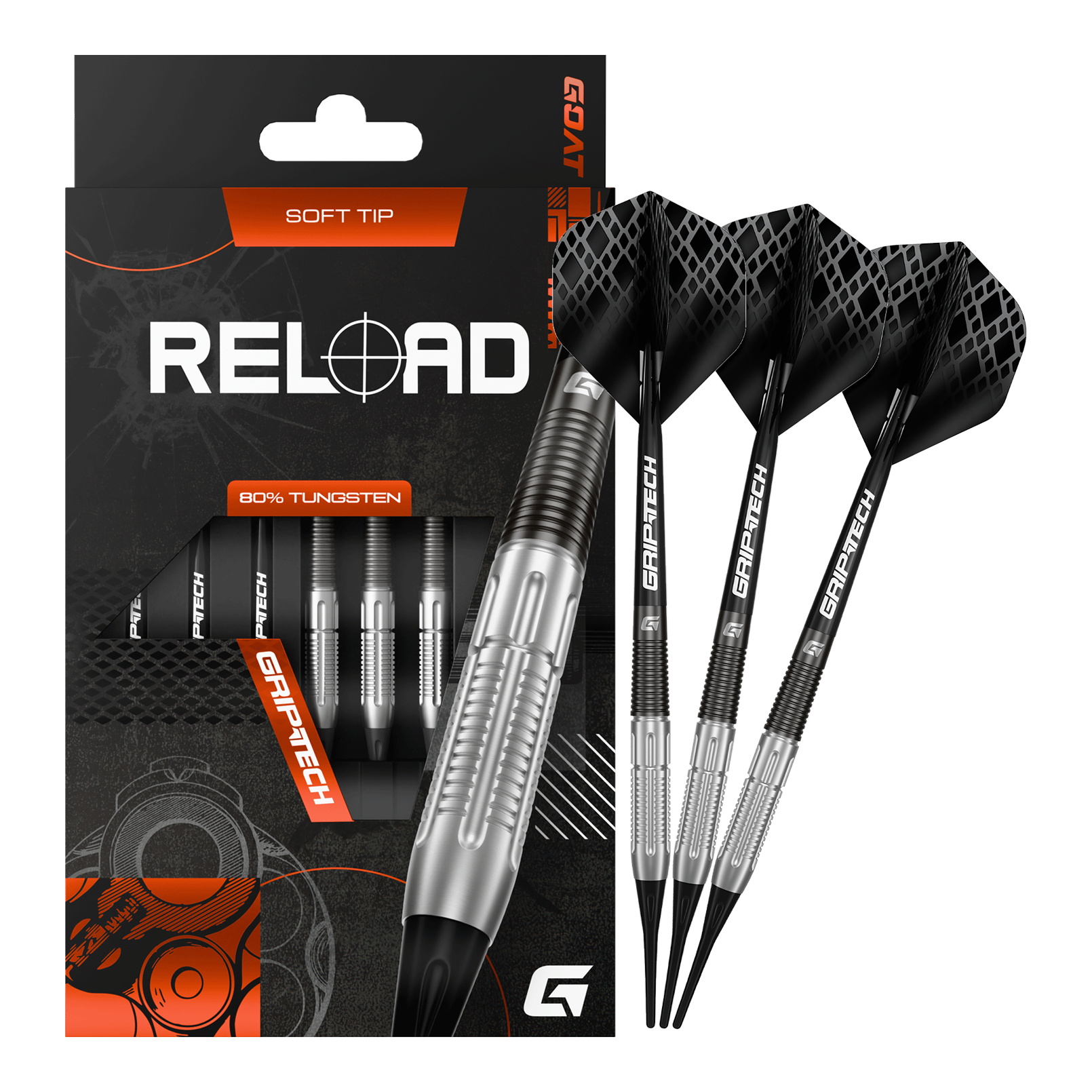 Zu sehen sind die GOAT Reload Softdarts - 20g in kompletter Ausführung. Diese Softdarts bieten durchdachte Qualität für ambitionierte Dartspieler.