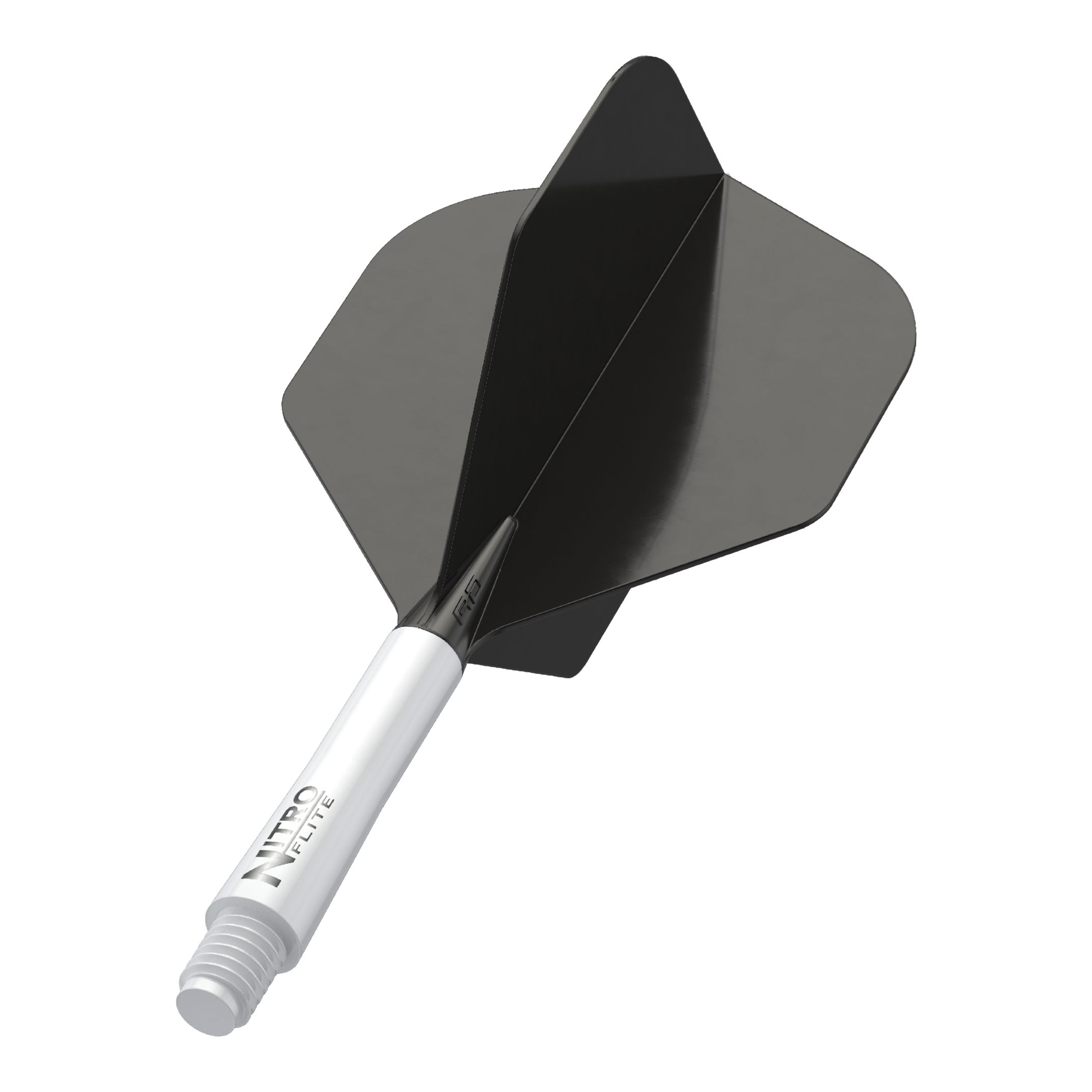Red Dragon Nitroflite - White Shaft Black No2 Flights Dies ist ein Bild einer Dart-Flugfeder mit schwarzem Flight und weißem Schaft. Auf dem Schaft steht der Text "NITRO FLITE".