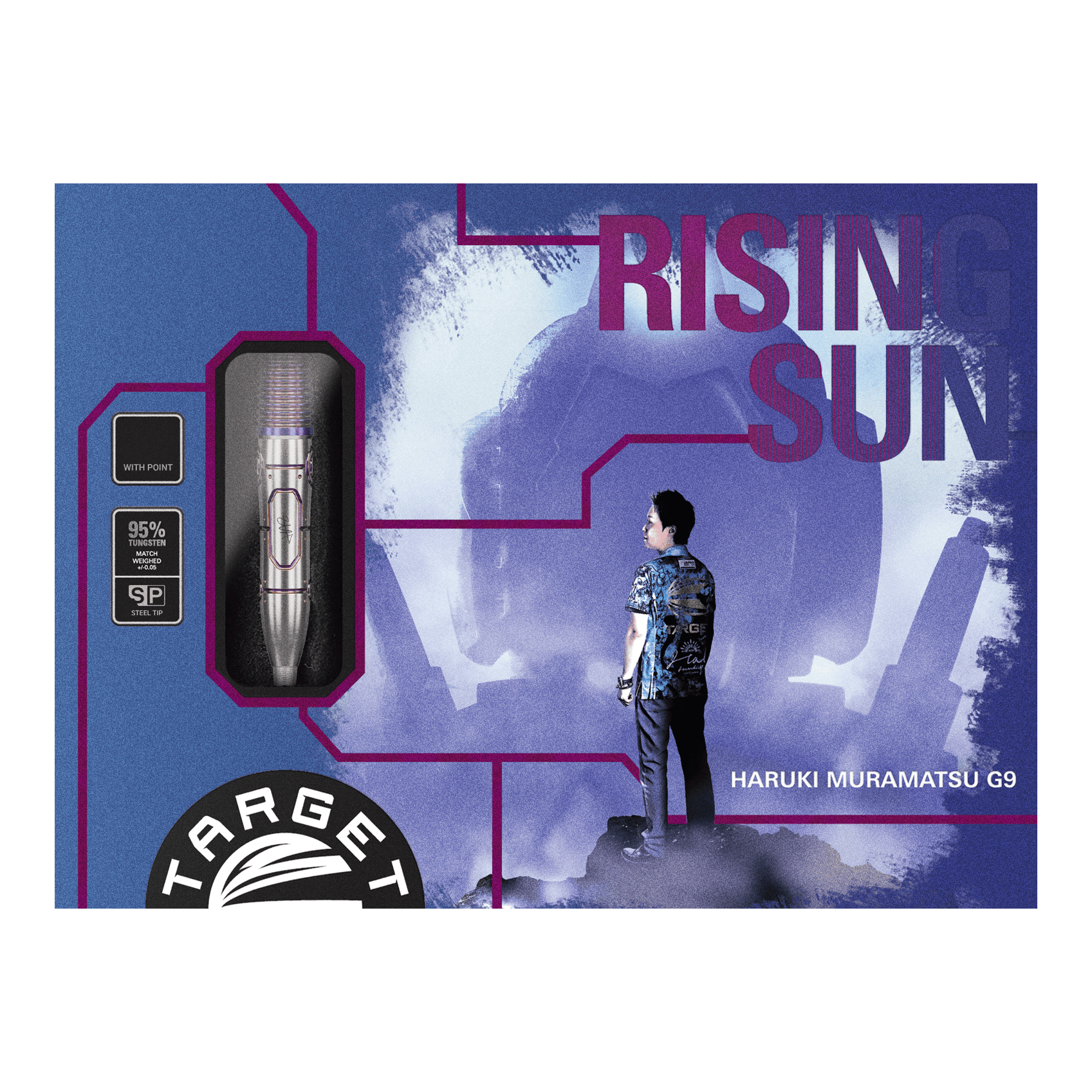 Die Abbildung zeigt die Verpackung der "Target Japan Haruki Muramatsu Rising Sun GEN9 Steeldarts - 23g". Auf der Packung sind ein Dartpfeil, das Logo von Target und ein Mann im Profil sowie der Schriftzug "Rising Sun" zu sehen.