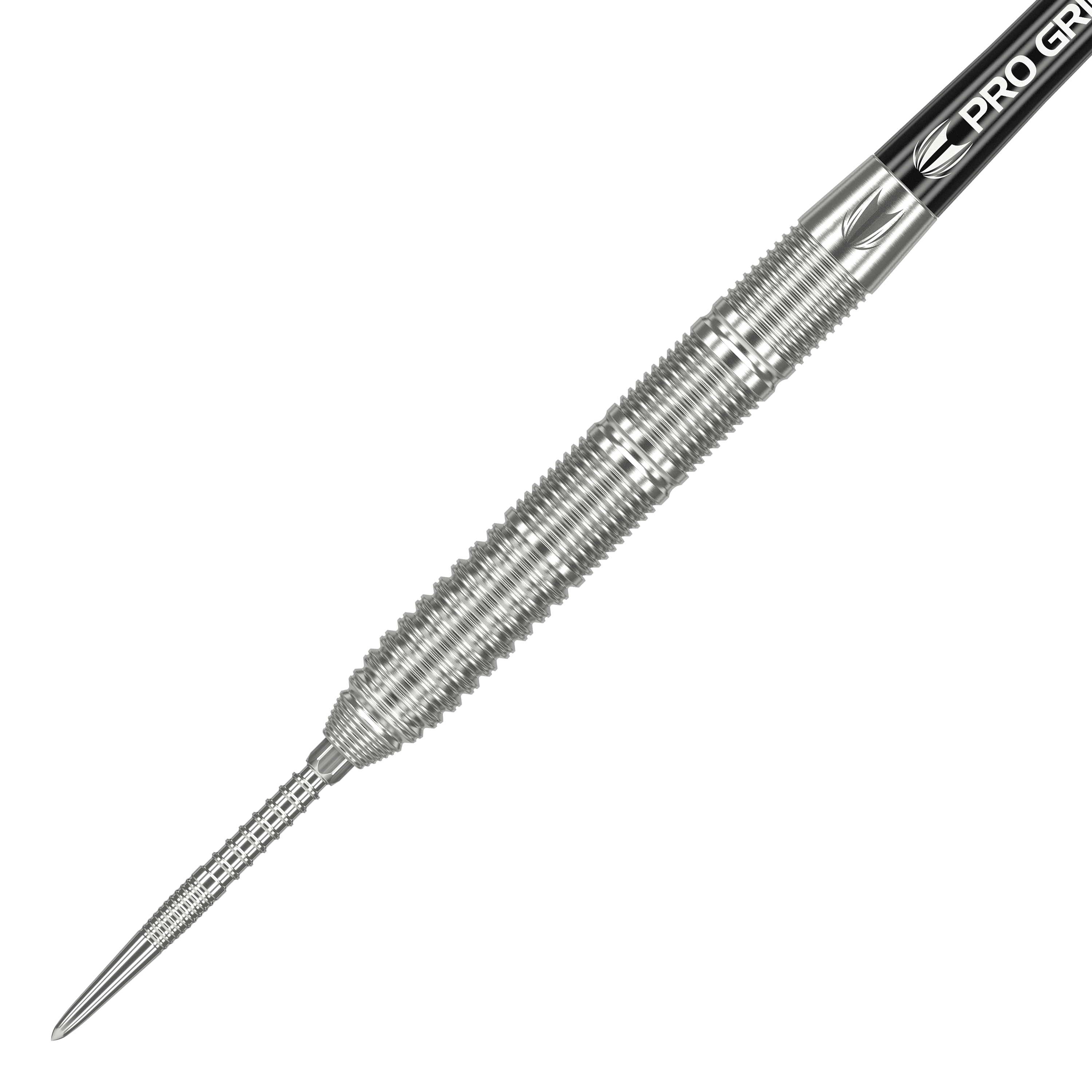 Target Kevin Doets GEN1 Swiss Point Steeldarts - 23g Das Bild zeigt einen Target Kevin Doets GEN1 Swiss Point Steeldart mit 23g Gewicht. Der Dart hat ein silbernes, geriffeltes Barrel und eine scharfe Spitze.