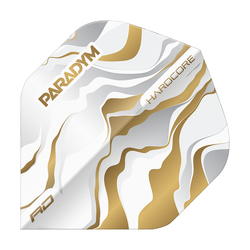 Gezeigt wird Red Dragon Hardcore Premium Paradym Gold Premium No2 Standard Flights. Es sind goldfarbene, hochwertige Dart Flights für genaue Würfe.