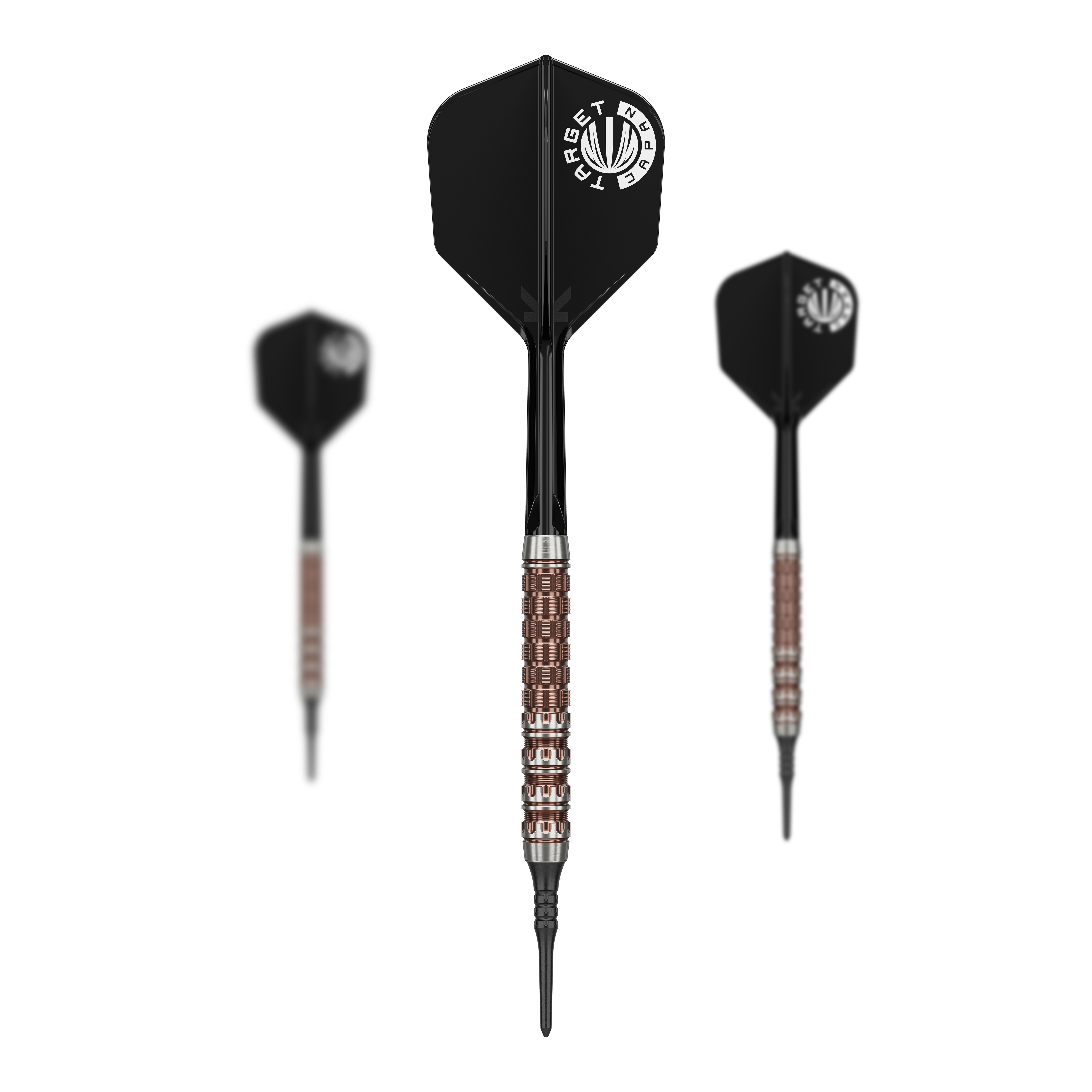 Abgebildet ist das Set der Target Japan Prime Series George Nishitani Raptor GEN6 Softdarts mit 21,5g Gewicht. Das Set wird vollständig und übersichtlich präsentiert.