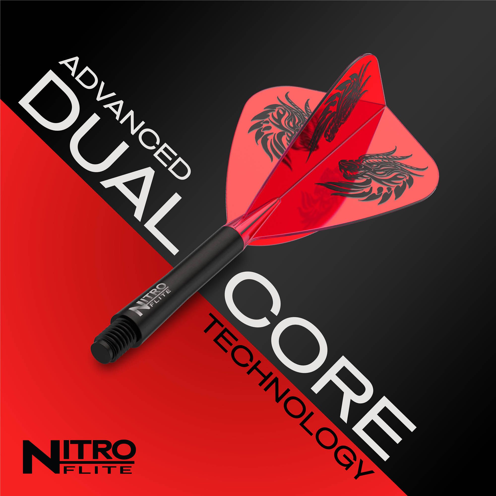 Red Dragon Nitro Flite - Jonny Clayton Kite Flights Das Bild zeigt einen Red Dragon Nitro Flite - Jonny Clayton Kite Flight. Dieser Flight hat eine eigene Form und ist mit einem speziellen Muster gestaltet.