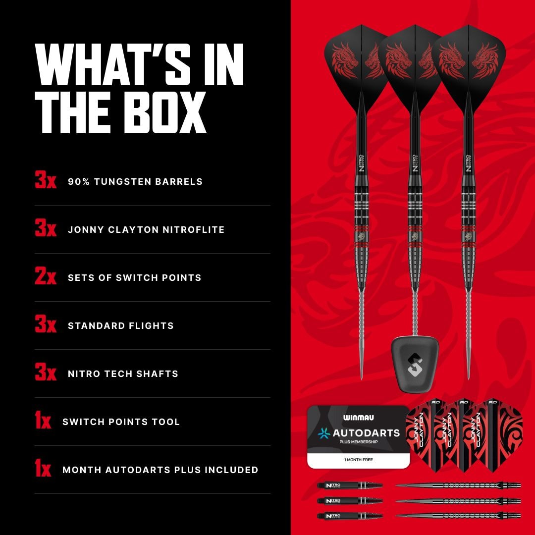 Red Dragon Jonny Clayton RD-ULTRA Switch Point Steeldarts - 22g Das Foto zeigt die Red Dragon Jonny Clayton RD-ULTRA Switch Point Steeldarts mit einem Gewicht von 22 Gramm. Die Darts werden im Detail präsentiert.