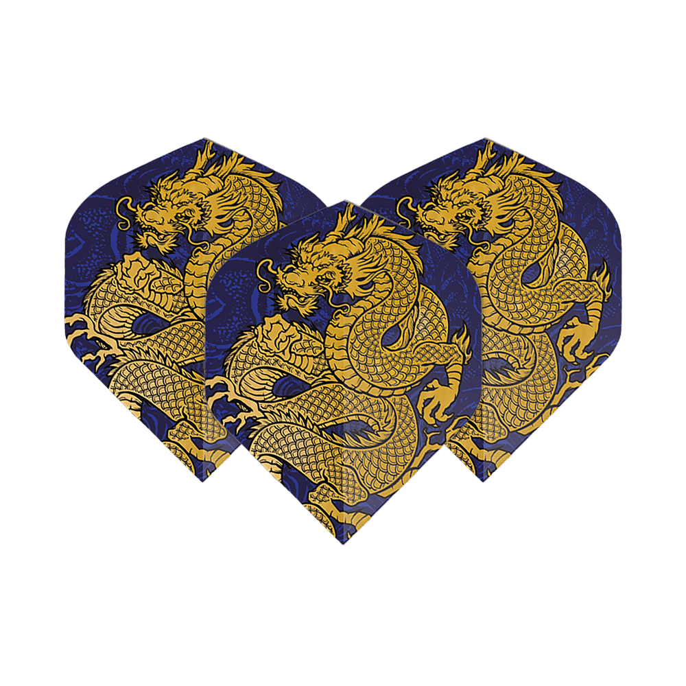 Pentathlon Flights Dragon blue Auf dem Bild sind drei Dartflights mit einem auffälligen goldenen Drachendesign auf dunkelblauem Hintergrund zu sehen. Es handelt sich um die "Pentathlon Dragon 4 Standard Flights".