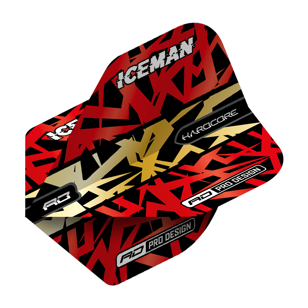 Das Bild zeigt eine Dart-Flugfeder mit einem auffälligen roten, goldenen und schwarzen Design. Auf der Feder stehen die Wörter "ICEMAN", "HARDCORE" und "RD PRO DESIGN".