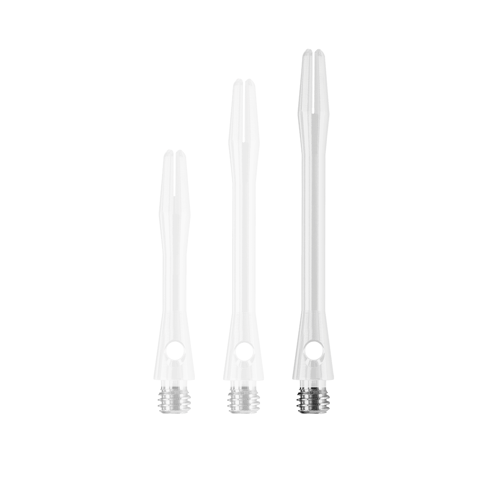 HR374_Harrows_Keramic_Shafts_Weiss_47mm_1 Das Bild zeigt drei weiße Harrows Keramic Shafts in verschiedenen Längen. Sie sind aus durchsichtigem Material gefertigt und haben ein Gewinde aus Metall am unteren Ende.