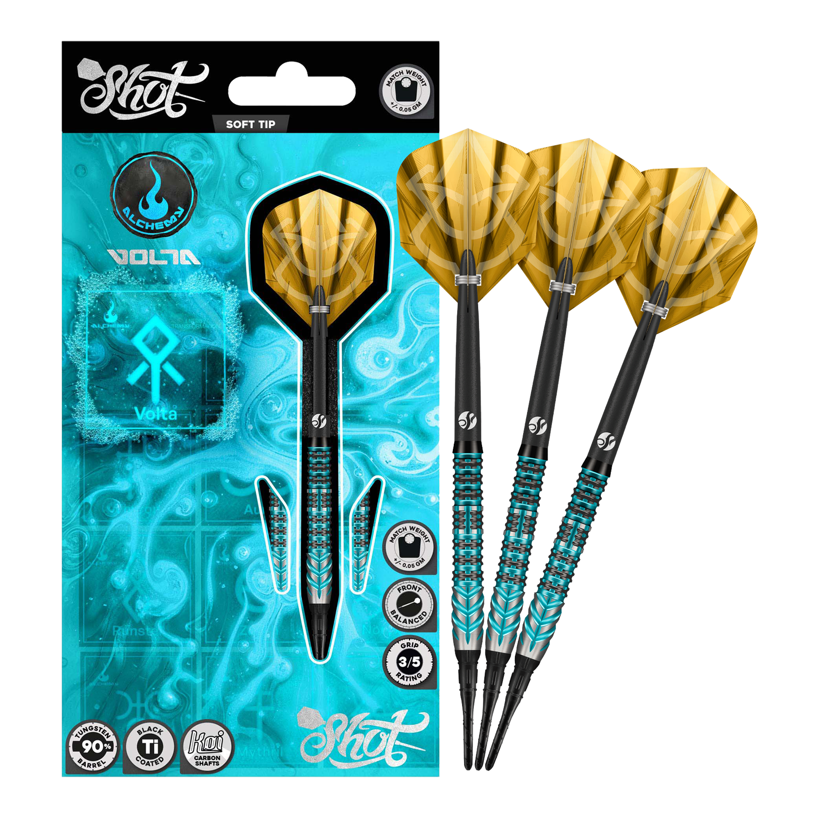 Shot Alchemy Volta Soft Darts - 20g Auf dem Bild sind die Shot Alchemy Volta Softdarts - 20g zu sehen. Die Softdarts sind vollständig abgebildet.