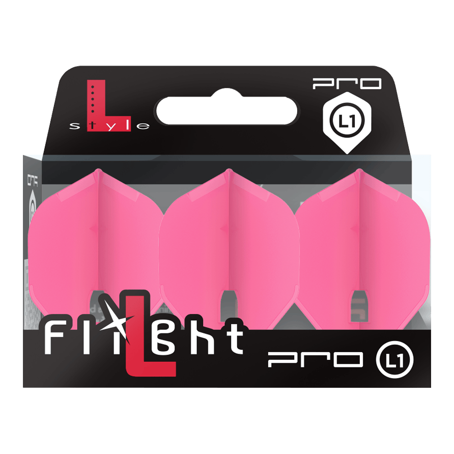 L-Style Champagne L1PRO Flights Auf dem Bild ist eine Packung mit drei pinken Dart-Flights der Marke L-Style zu sehen. Die Verpackung zeigt den Schriftzug "Flight Pro L1" auf der Vorderseite.