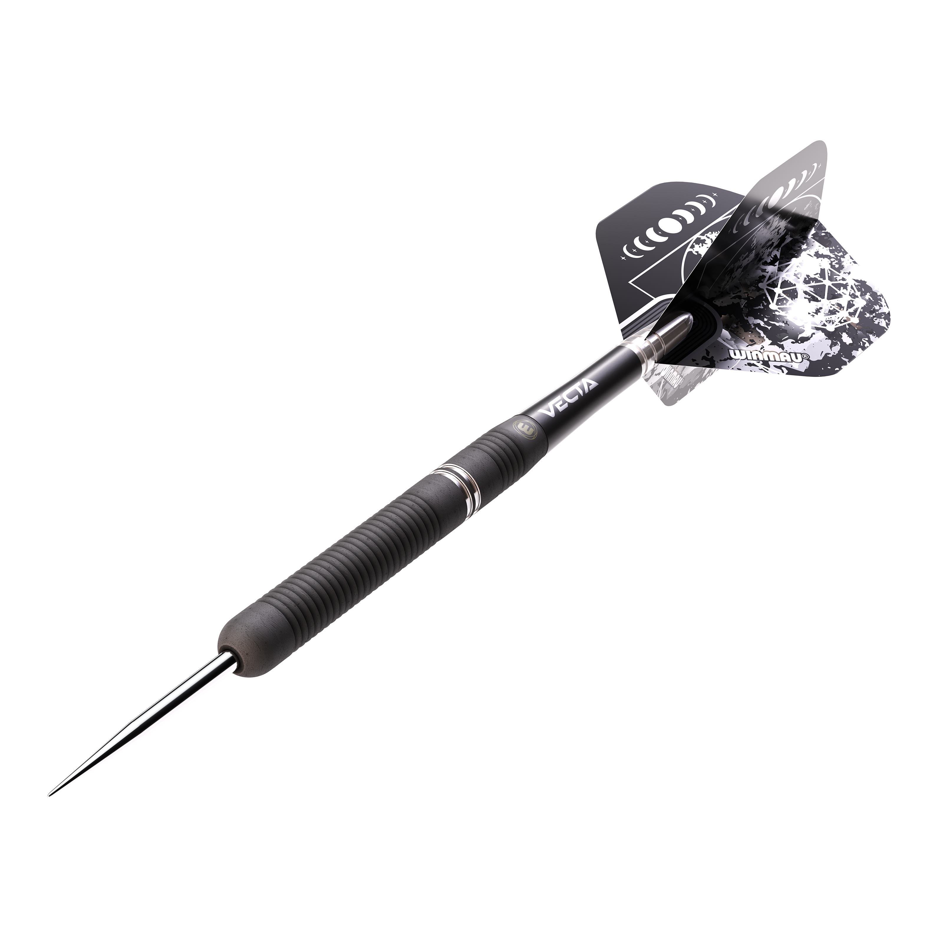 Winmau Callisto 01 Steeldarts Das Bild zeigt einen Winmau Callisto 01 Steeldart. Der Dartpfeil hat ein schwarzes, geriffeltes Griffstück und schwarze Flights mit weißem Muster.