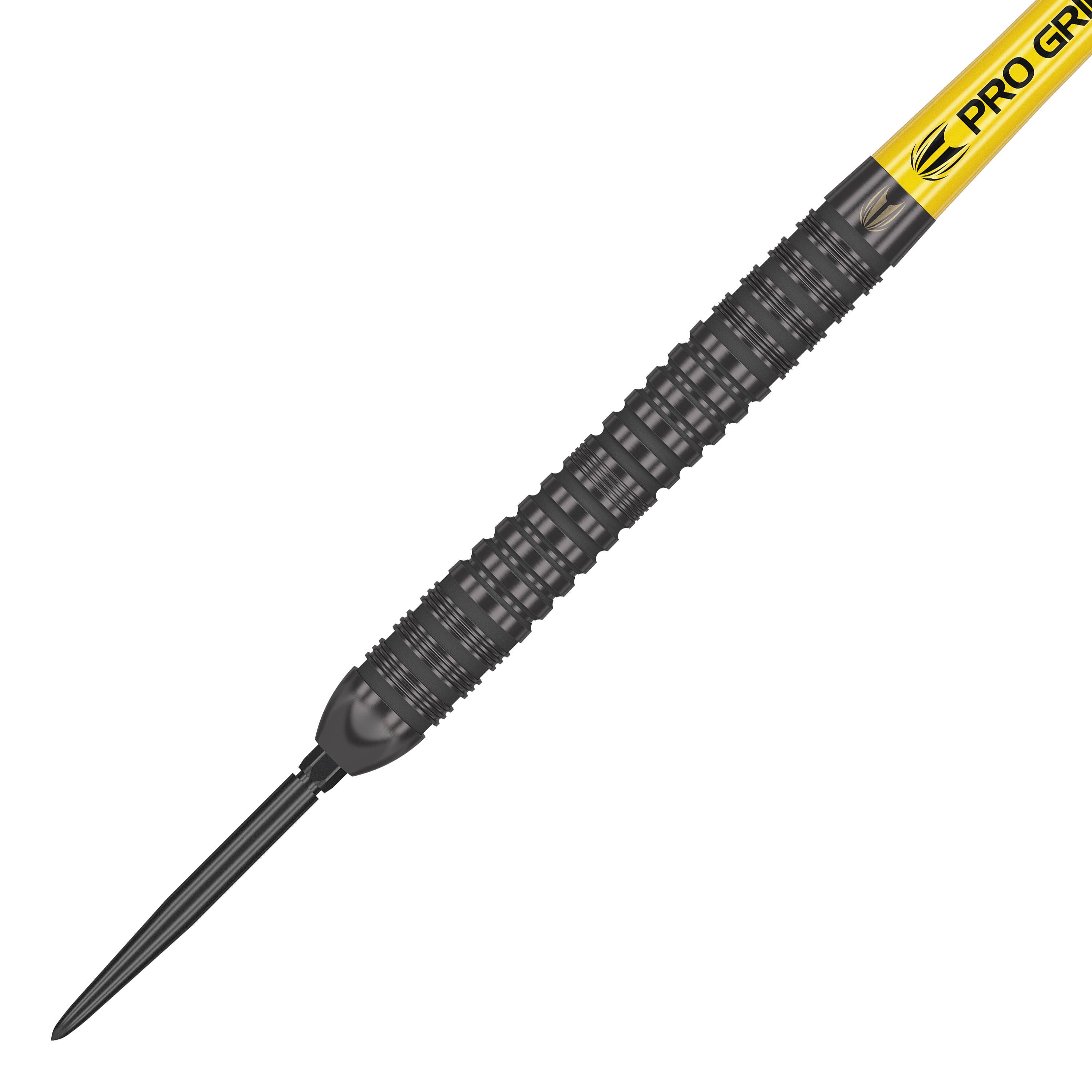 Target Bolide Void 04 Swiss Point steel darts Das Bild zeigt einen Target Bolide Void 04 Swiss Point Steeldart. Der Dart hat ein schwarzes, geriffeltes Barrel und einen gelben Schaft mit der Aufschrift "PRO GRIP".