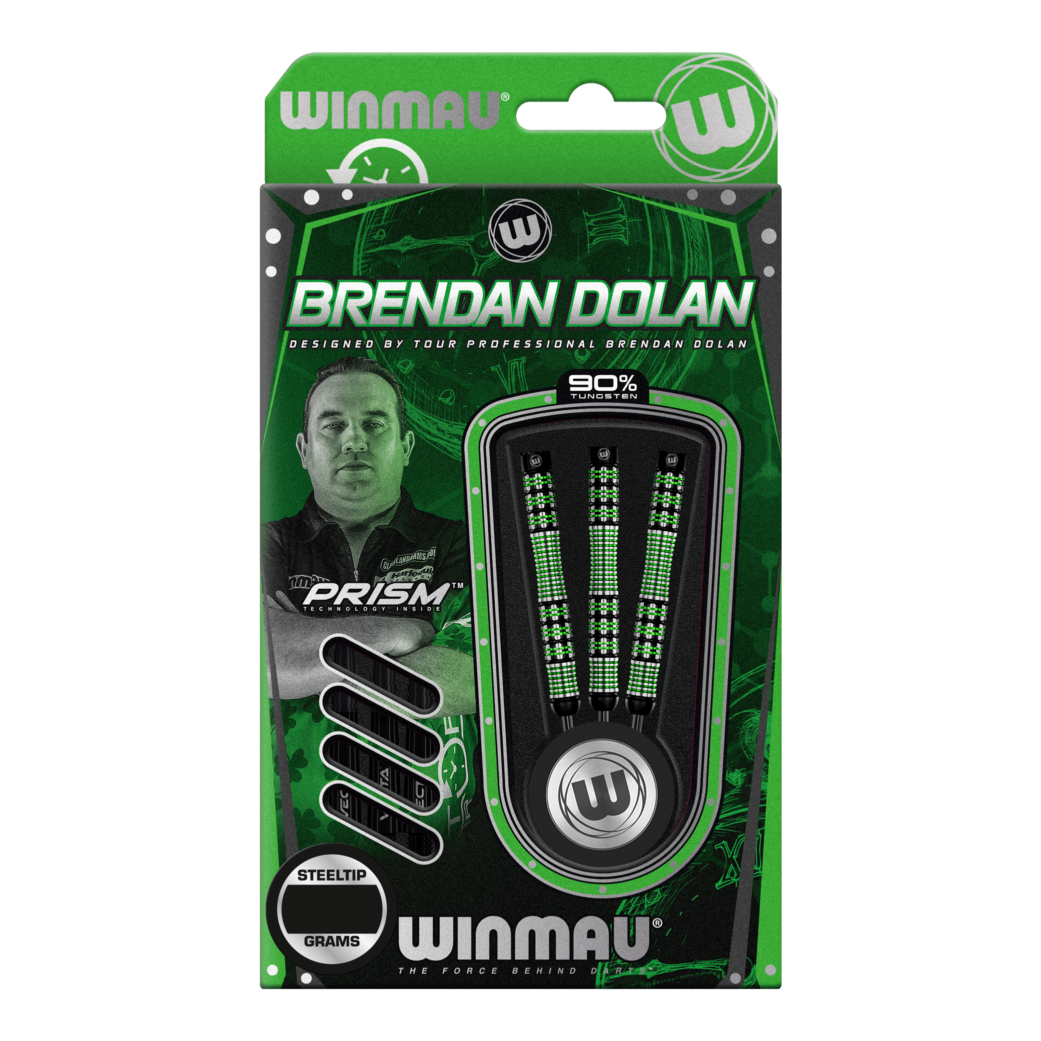 Winmau Brendan Dolan steel darts Die Abbildung zeigt eine Verpackung der Winmau Brendan Dolan Steeldarts. In der Packung sind drei Darts mit schwarzem und grünem Design zu sehen.