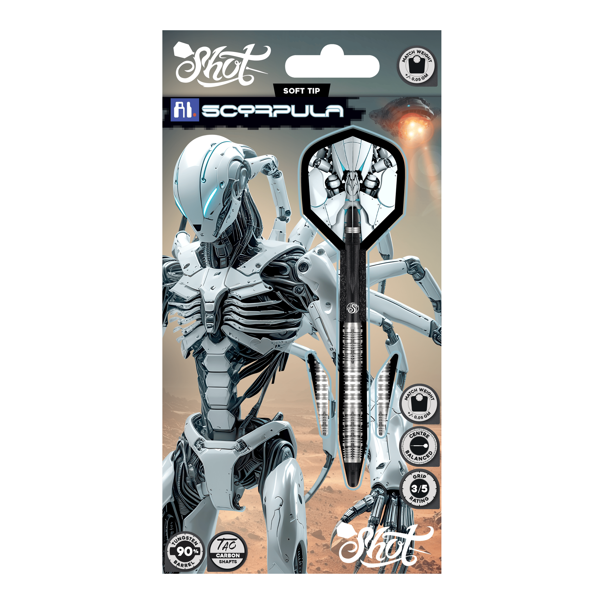 Shot AI Scorpula Soft Darts - 20g Das Bild zeigt die Shot AI Scorpula Softdarts mit einem Gewicht von 20g. Die Darts sind detailliert und für das Softdart-Spiel konzipiert.
