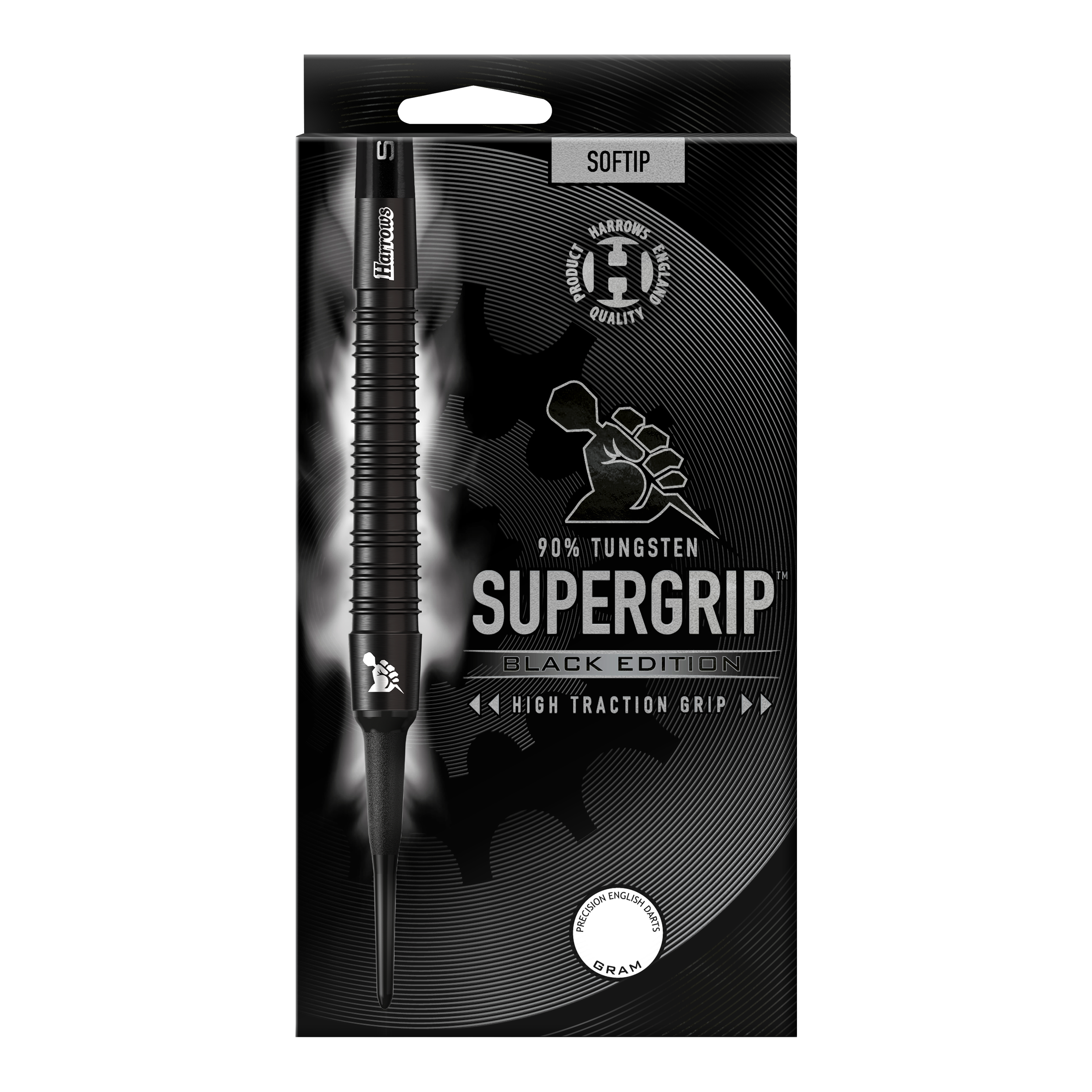 Harrows Supergrip Black Edition soft darts Das Bild zeigt die Verpackung der "Harrows Supergrip Black-Edition Softdarts". Die Darts bestehen zu 90 % aus Tungsten und haben eine hohe Griffigkeit.