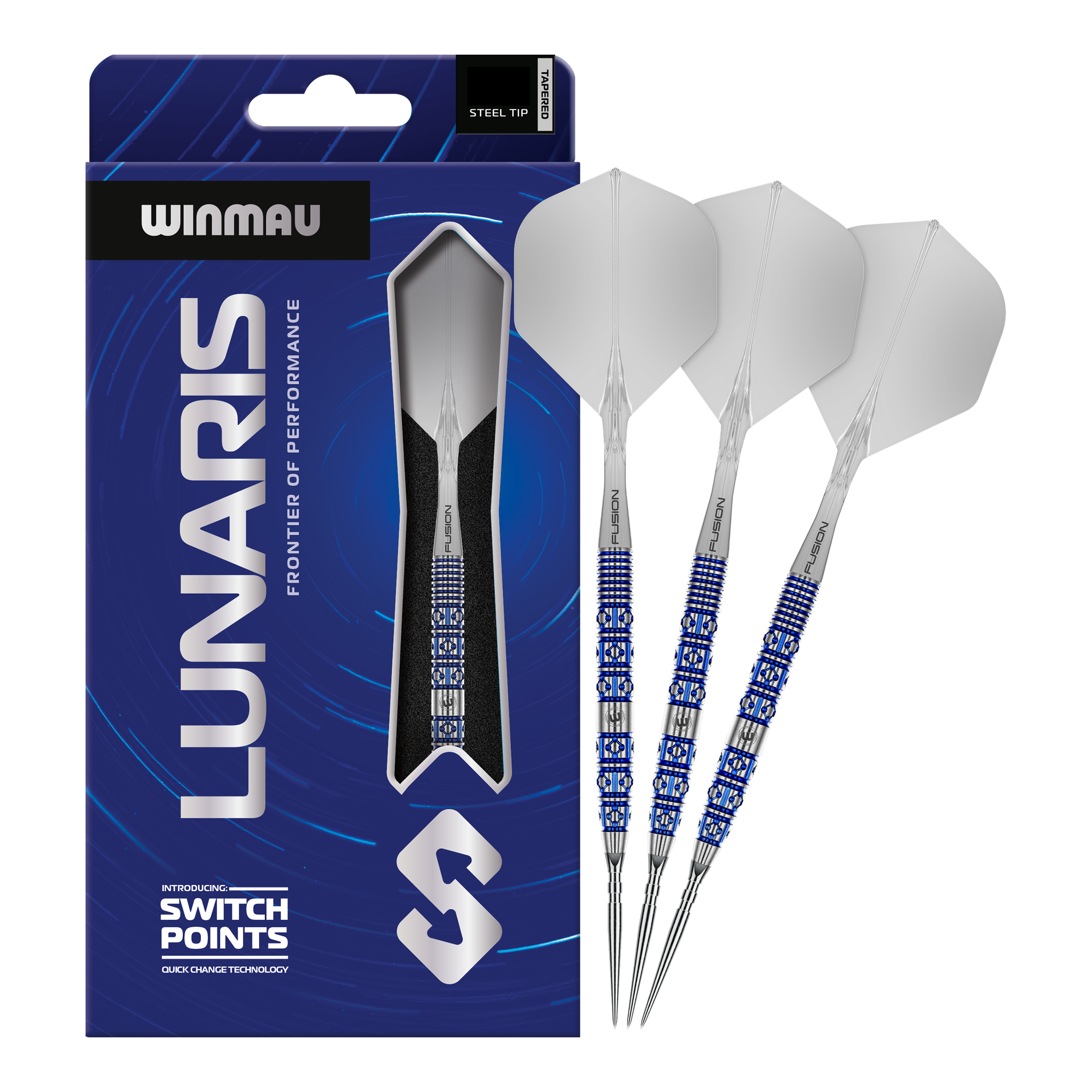 Hier ist das Produkt Winmau Lunaris Tapered Switch Point Steeldarts zu sehen. Diese Steeldarts bieten eine hochwertige Verarbeitung und ein elegantes Aussehen.
